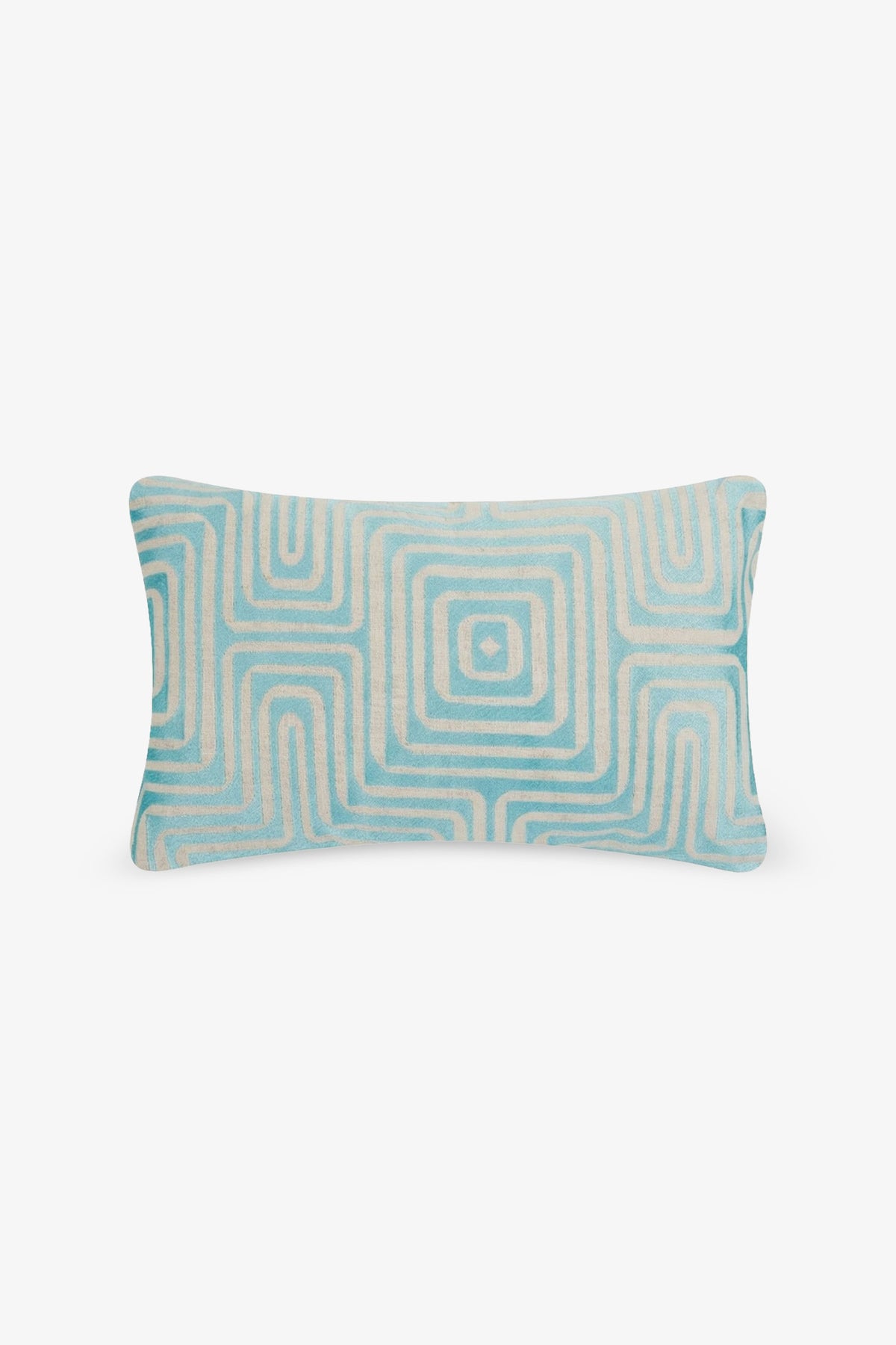 Amazing Maze Embroidered Lumbar Pillow featuring a light blue and white geometric square pattern on a rectangular white background.