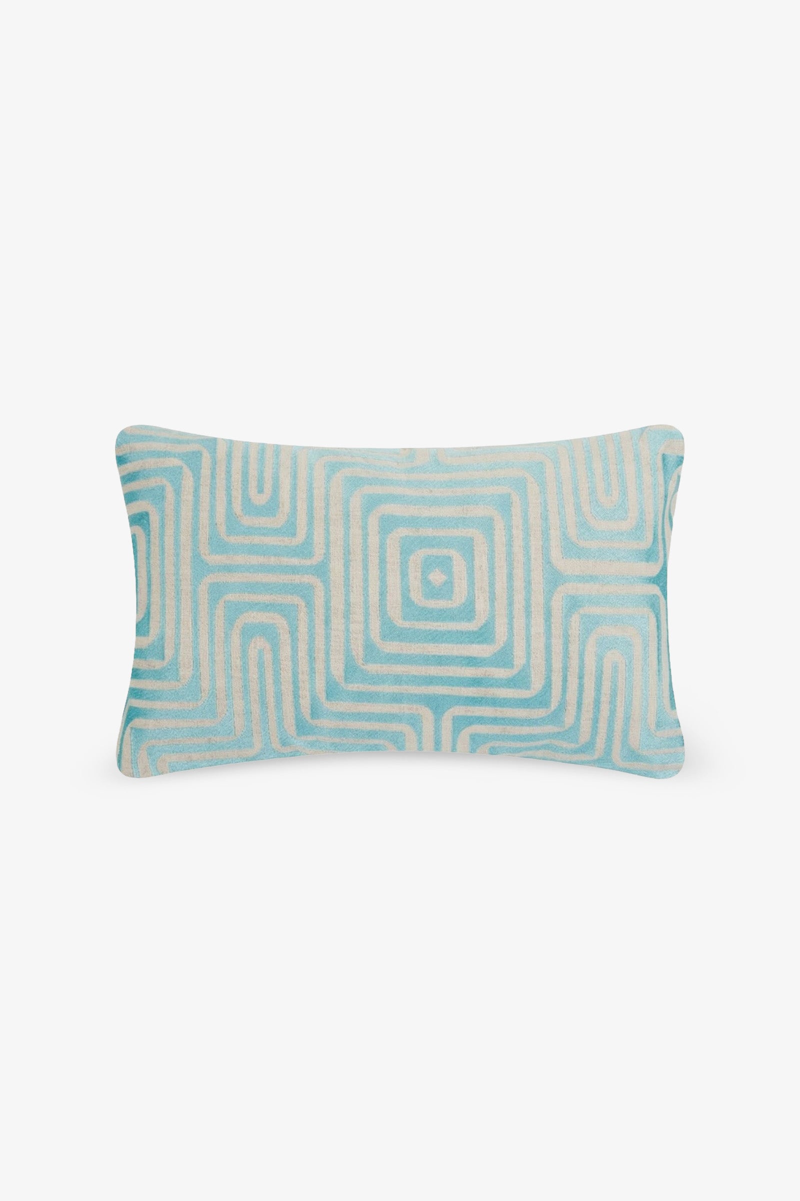 Amazing Maze Embroidered Lumbar Pillow featuring a light blue and white geometric square pattern on a rectangular white background.