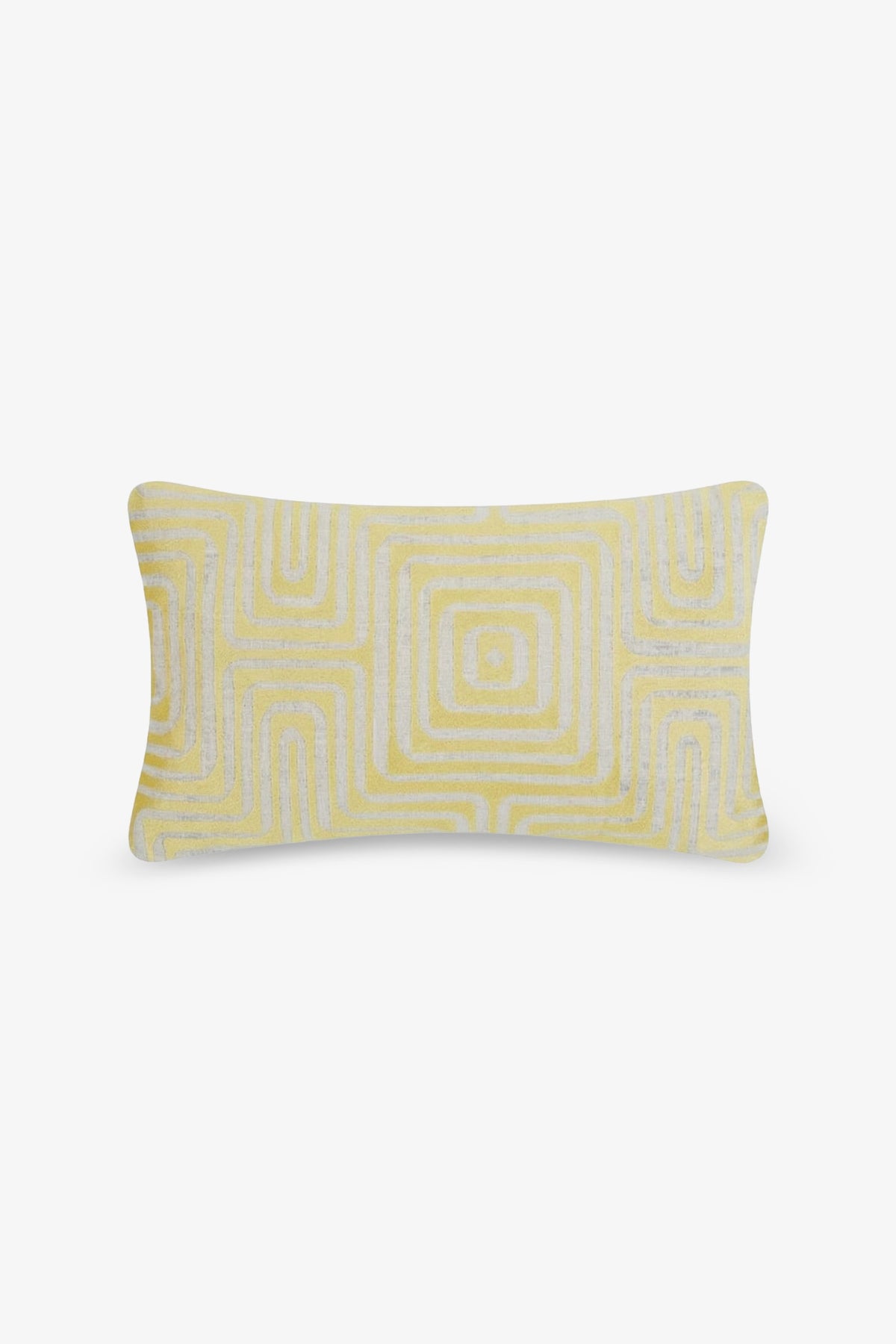 The Amazing Maze Embroidered Lumbar Pillow features a white and yellow geometric pattern of concentric squares, showcased against a plain white background.
