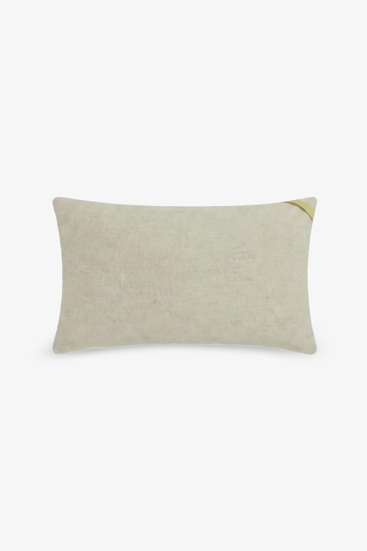 The Amazing Maze Embroidered Lumbar Pillow is a rectangular beige pillow featuring a subtle texture and a small, diagonal yellow accent on the top right corner, displayed against a plain white background.
