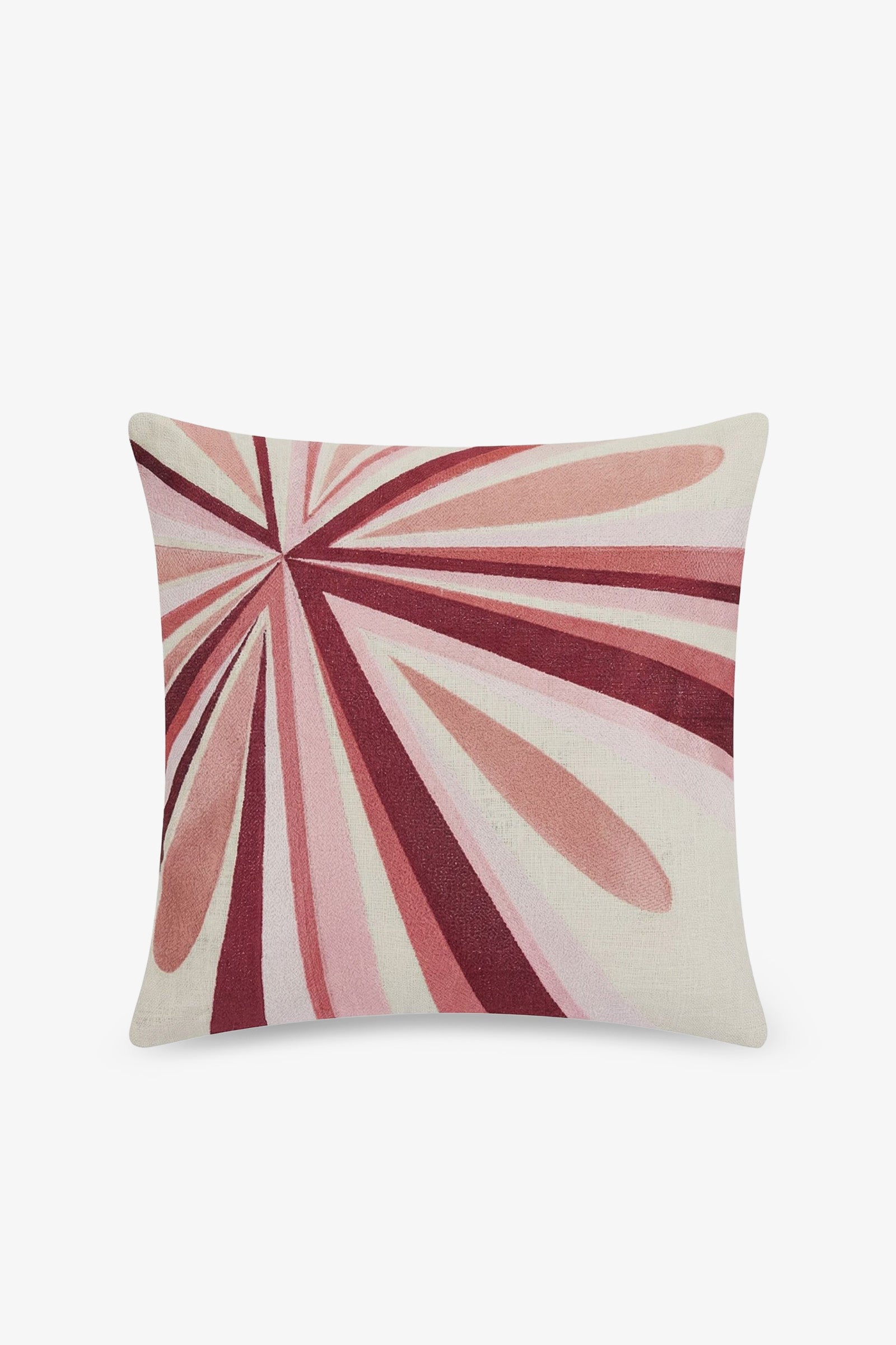 Shante Embroidered Square Pillow featuring a beige background and a bold sunburst design in shades of pink, mauve, and burgundy radiating from the upper left corner.