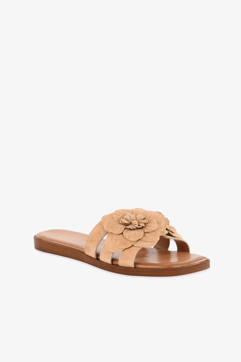 Morning Dew Slide: tan flat sandal featuring three straps and a large decorative flower on the top strap, displayed against a white background.