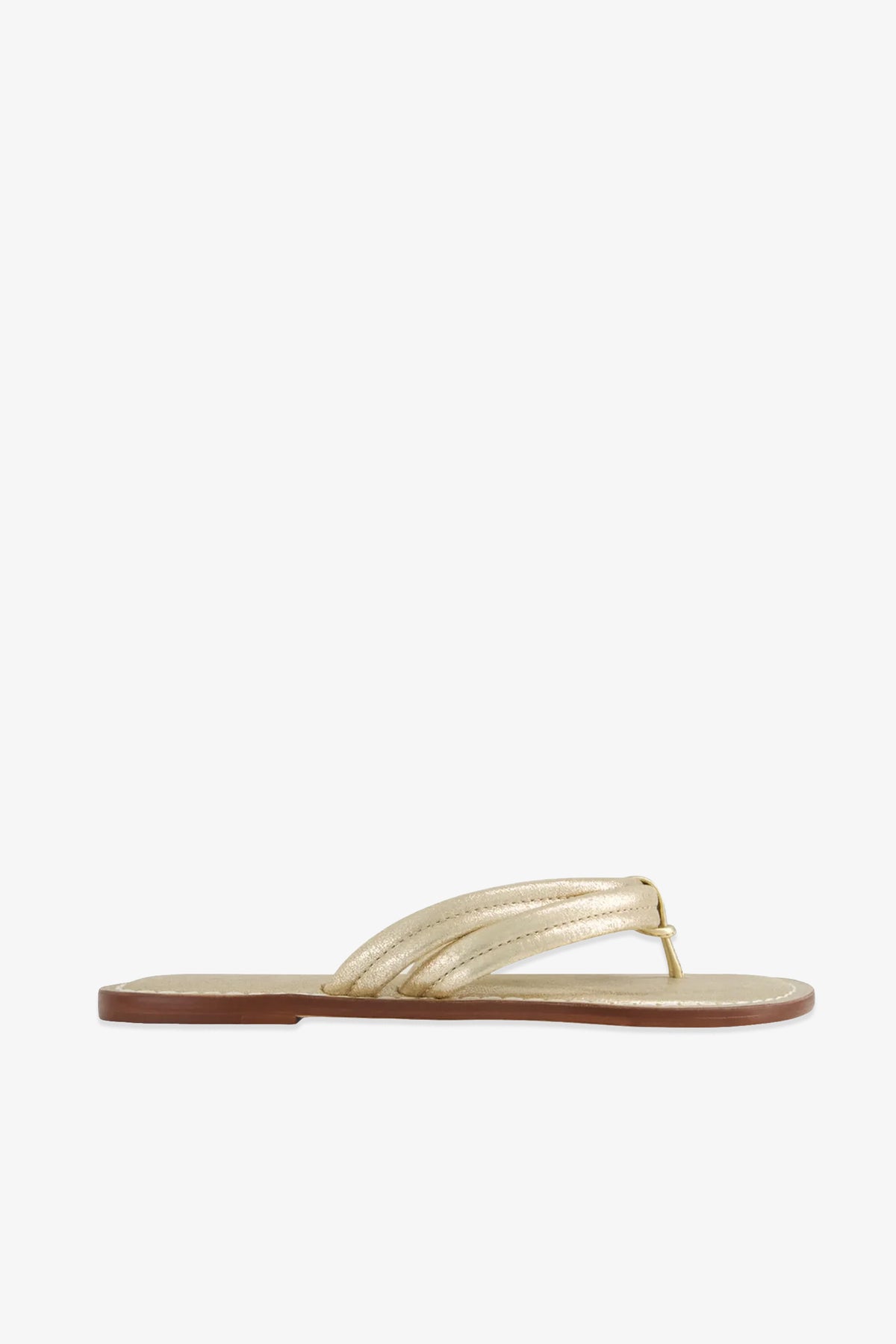 The Miami Sandal is a single gold metallic thong sandal with a flat brown sole, displayed in a side profile on a plain white background.