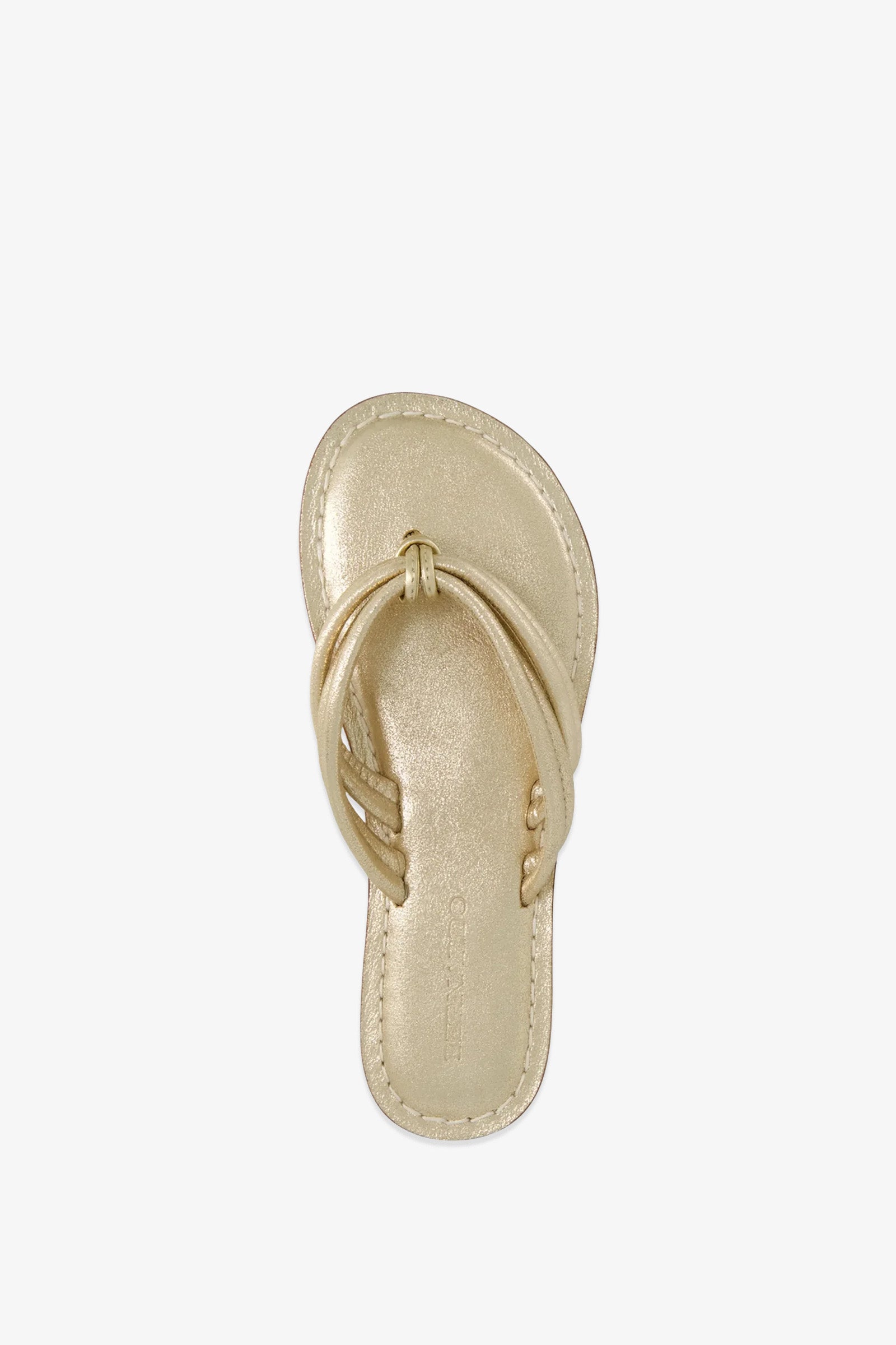 Top view of the Miami Sandal—a single gold metallic sandal featuring a loop and knot design on the strap, displayed against a plain white background.