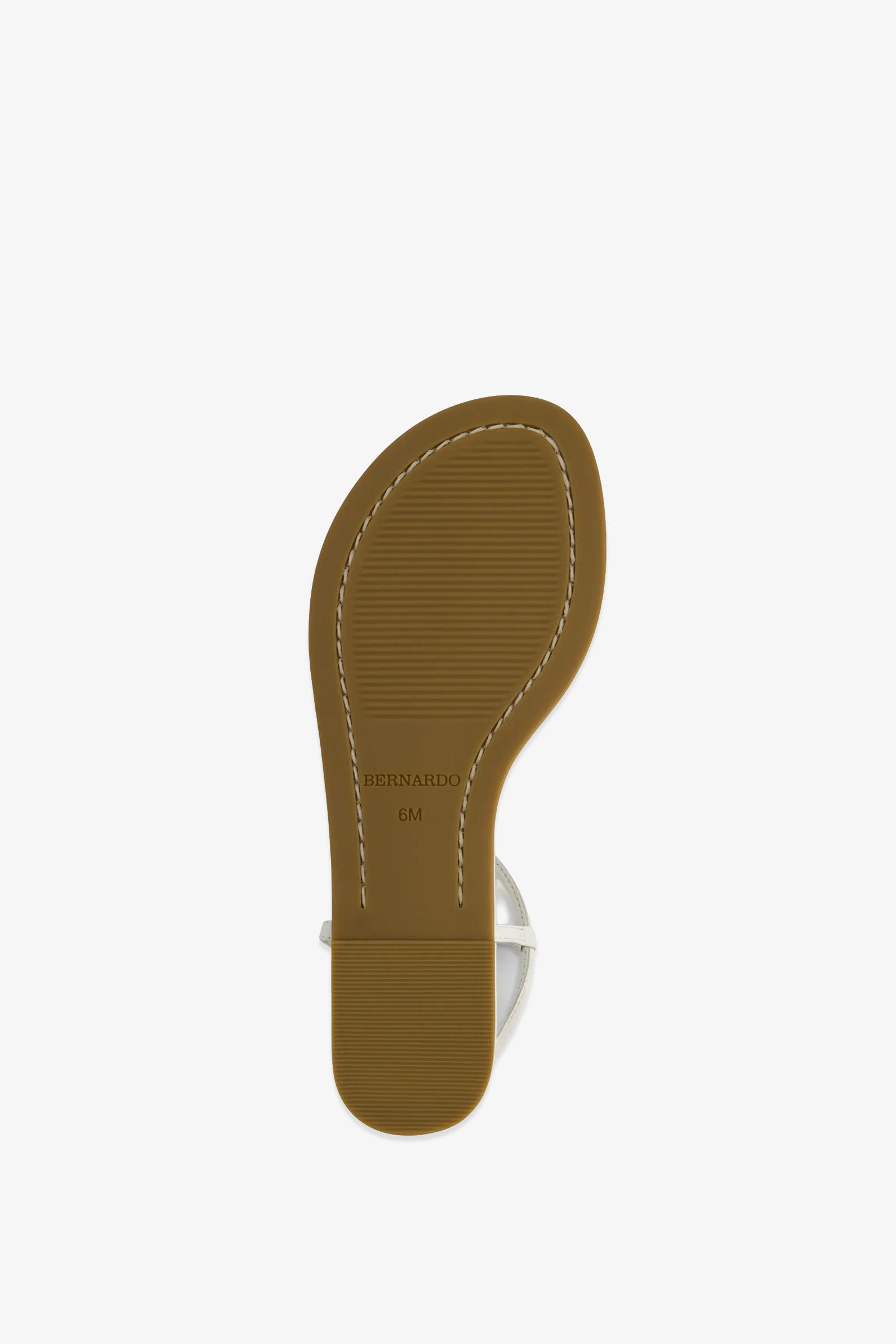 A brown sole from the Hercu Sandal, featuring white stitching and a textured grip. The brand name BERNARDO and the size 6M are displayed on the bottom against a white background.