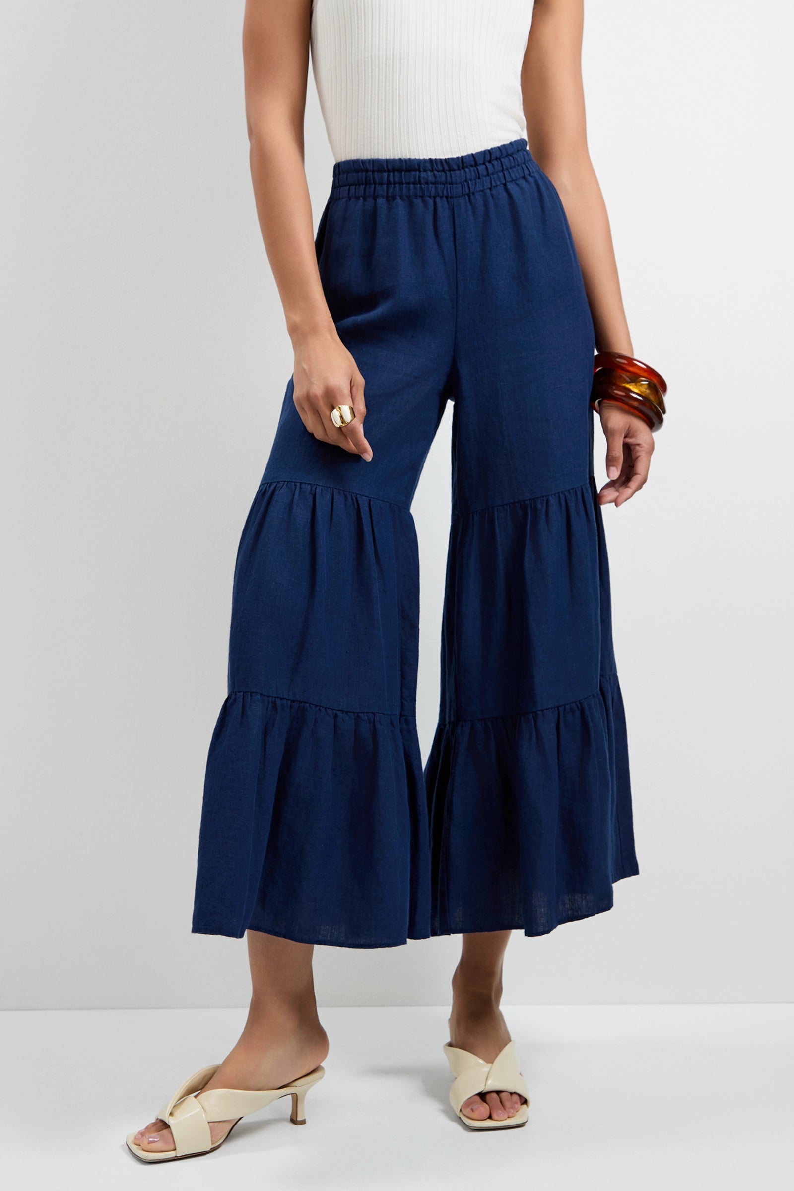 A person wearing Chill Out Tiered Wide-Leg Pants in navy blue, a sleeveless white ribbed top, cream heeled sandals, brown bangles, and a gold ring stands against a plain white background.