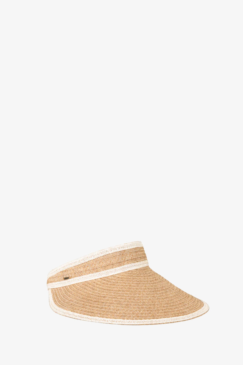 The Trixie Visor is a tan woven straw visor featuring white trim along the edges and a small metallic accent on the side, shown against a plain white background.