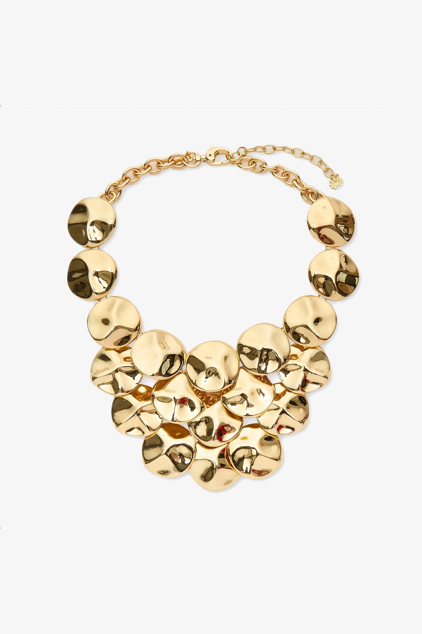 The Socialite Bib Necklace features large, overlapping shiny round discs in a bold bib style with an adjustable chain clasp, set against a plain white background.