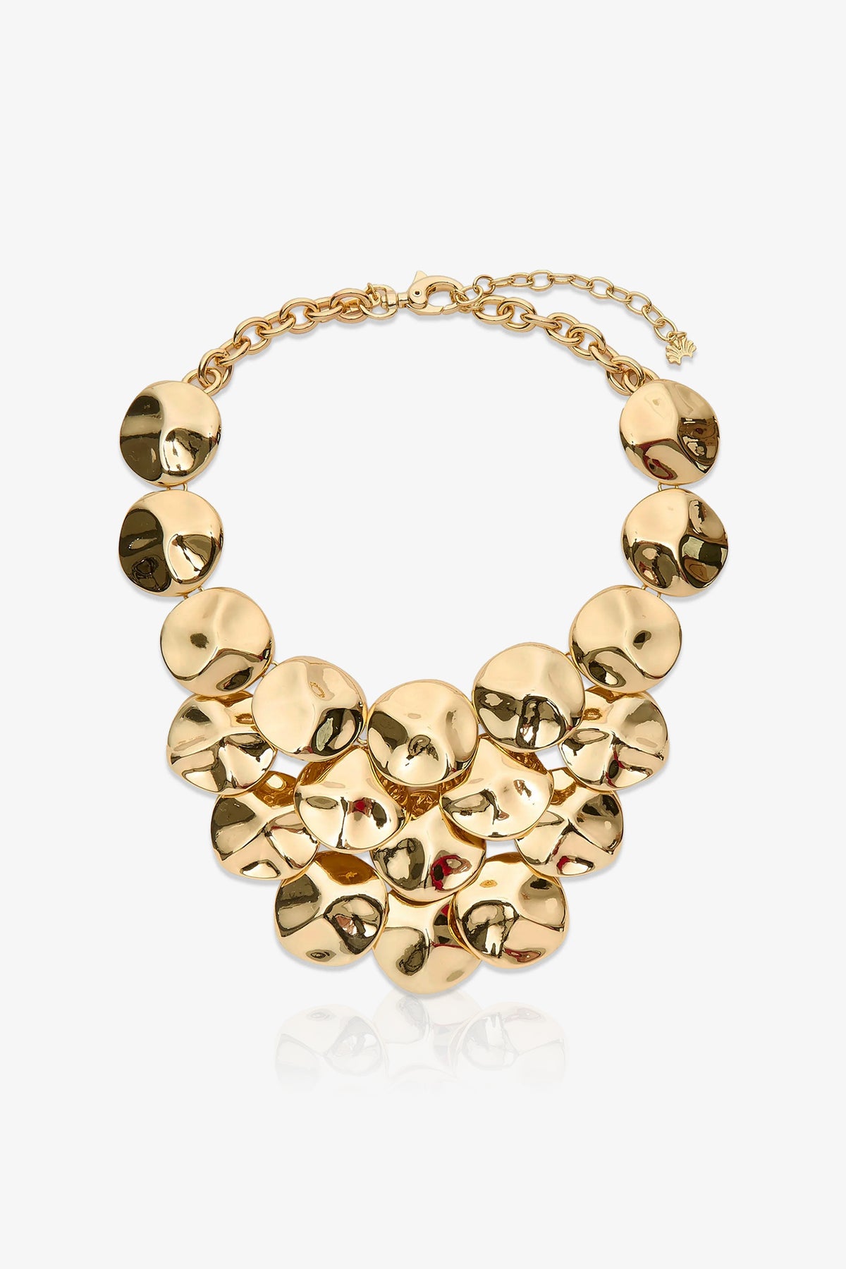 Socialite Bib Necklace featuring large, shiny, overlapping circular discs and an adjustable chain clasp, displayed on a white background.