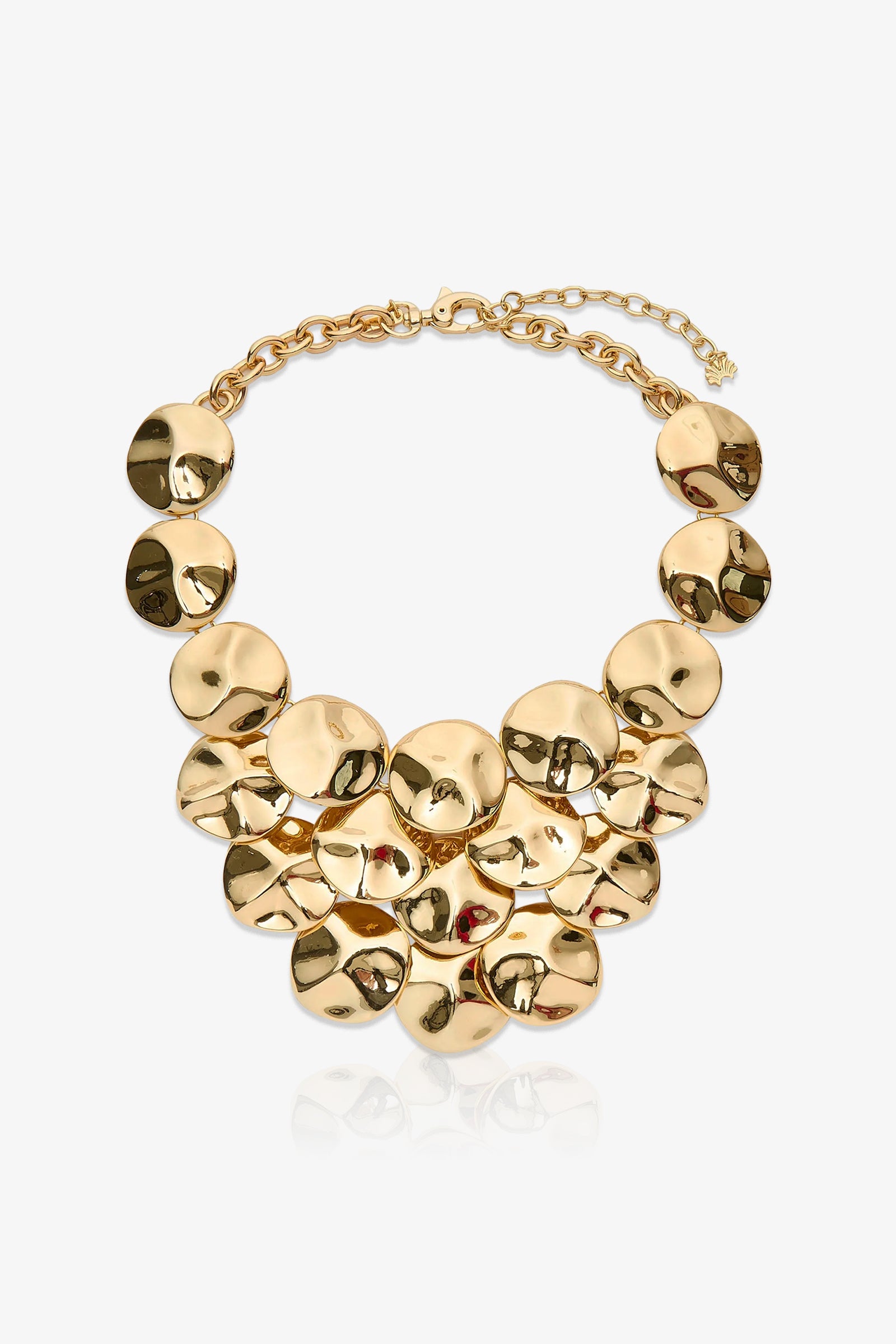 Socialite Bib Necklace featuring large, shiny, overlapping circular discs and an adjustable chain clasp, displayed on a white background.
