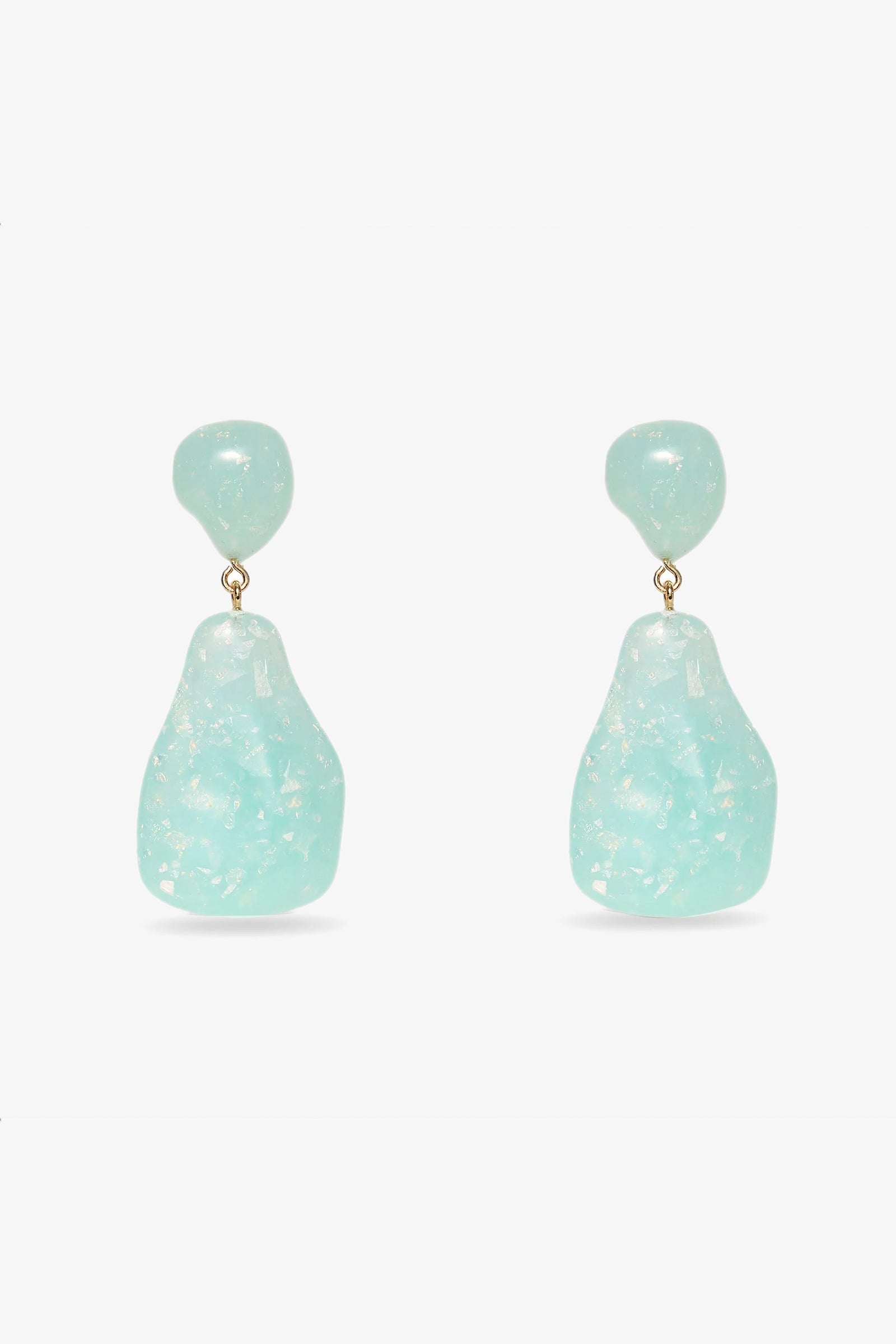 Wilma Earrings: Drop earrings with irregular, light aqua blue marbled stones and gold links, displayed on a white background.