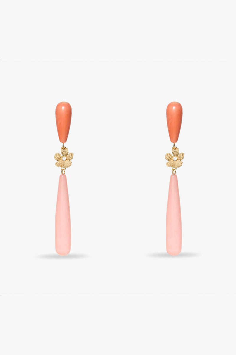 The Flamingo Linear Earring features coral-hued teardrop studs, gold floral accents, and long pale pink teardrop pendants for an elegant drop earring style.