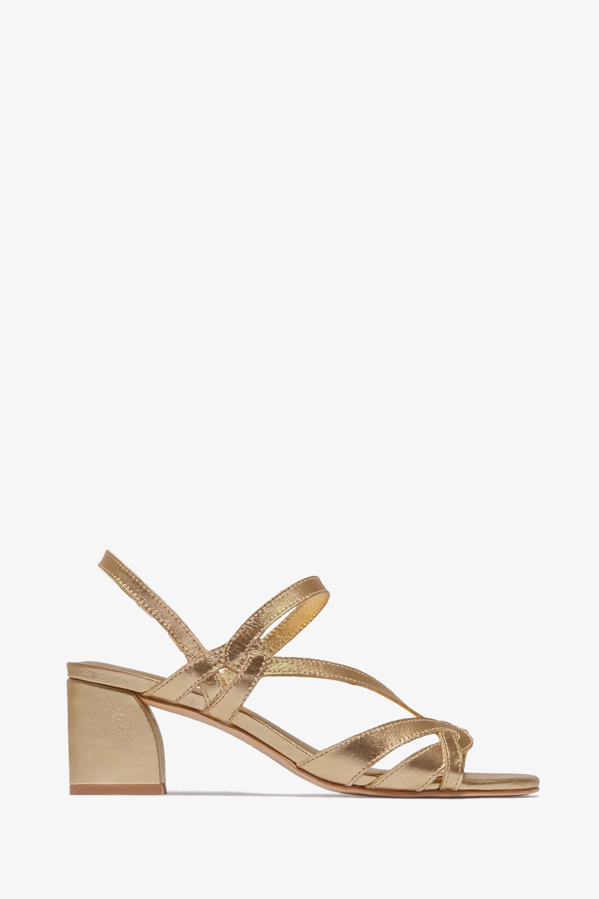 The Gyoda Heeled Sandal features gold strappy block heels, a slingback strap, and a modern square toe.