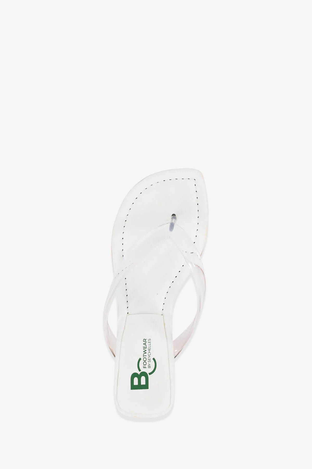 The Starbust Sandal is a single white flip-flop with clear straps, visible stitching, and a green BC logo plus BC Footwear text on the footbed, shown against a plain white background.