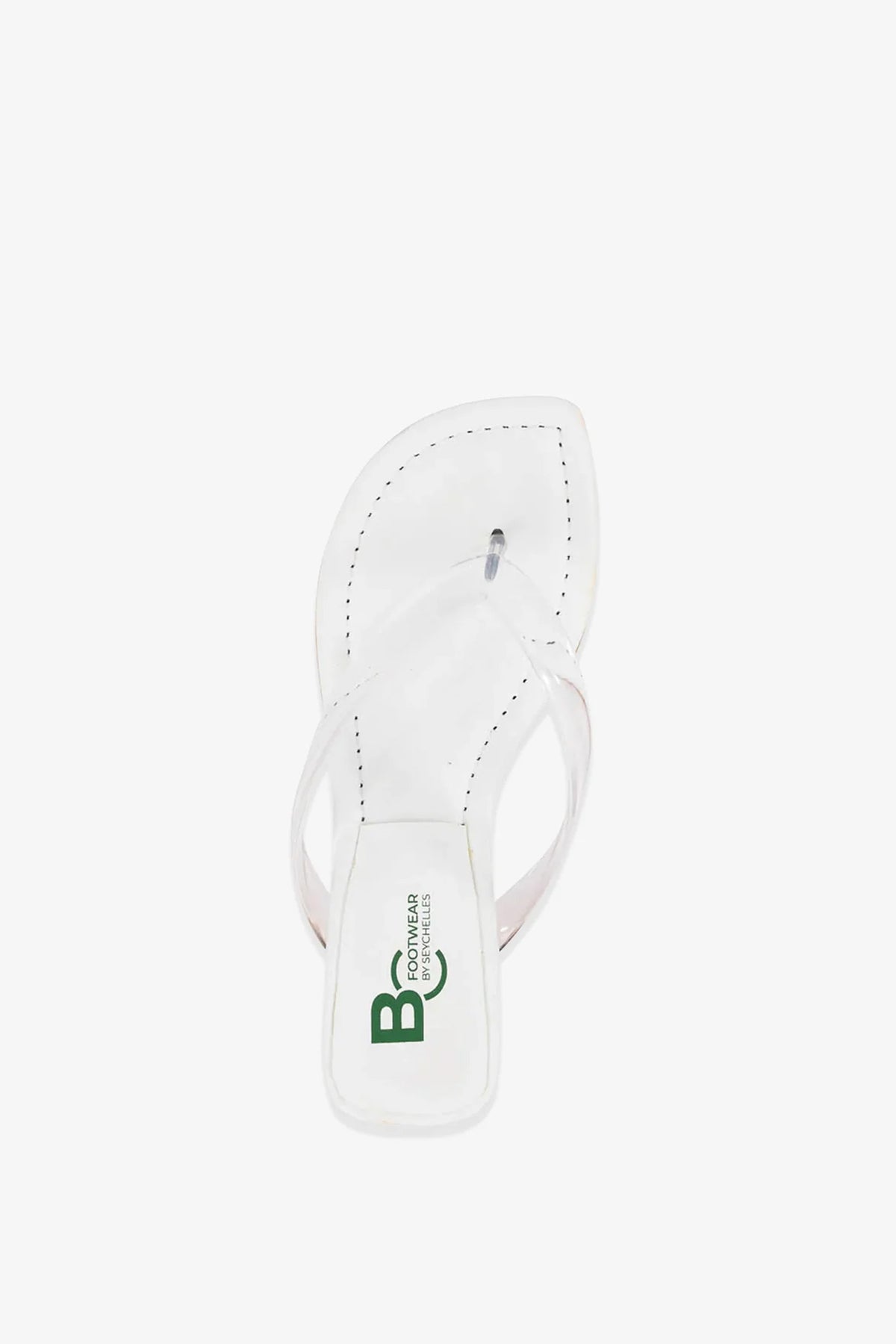 The Starbust Sandal is a single white sandal with clear thong straps and a square toe, featuring BC Footwear branding in green on the insole.