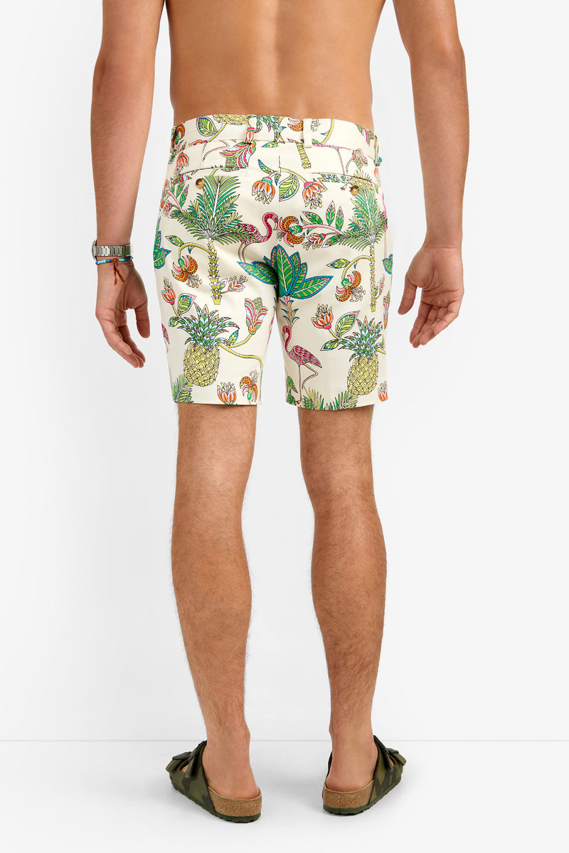 A man stands facing away on a plain white background, wearing LAWRENCE SHORT swim trunks with colorful tropical flamingo and pineapple designs, crafted from a soft cotton blend. He also wears sandals and a watch.