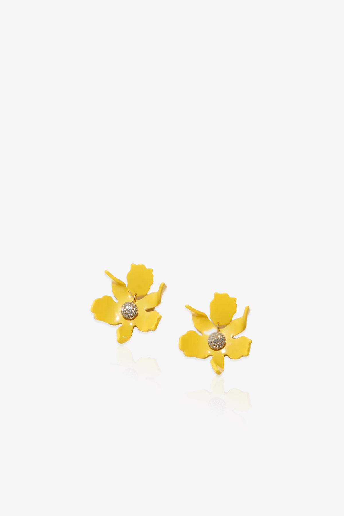 A pair of Sunflower Small Crystal Lily Earrings with yellow flower petals and textured gold centers displayed on a white background.