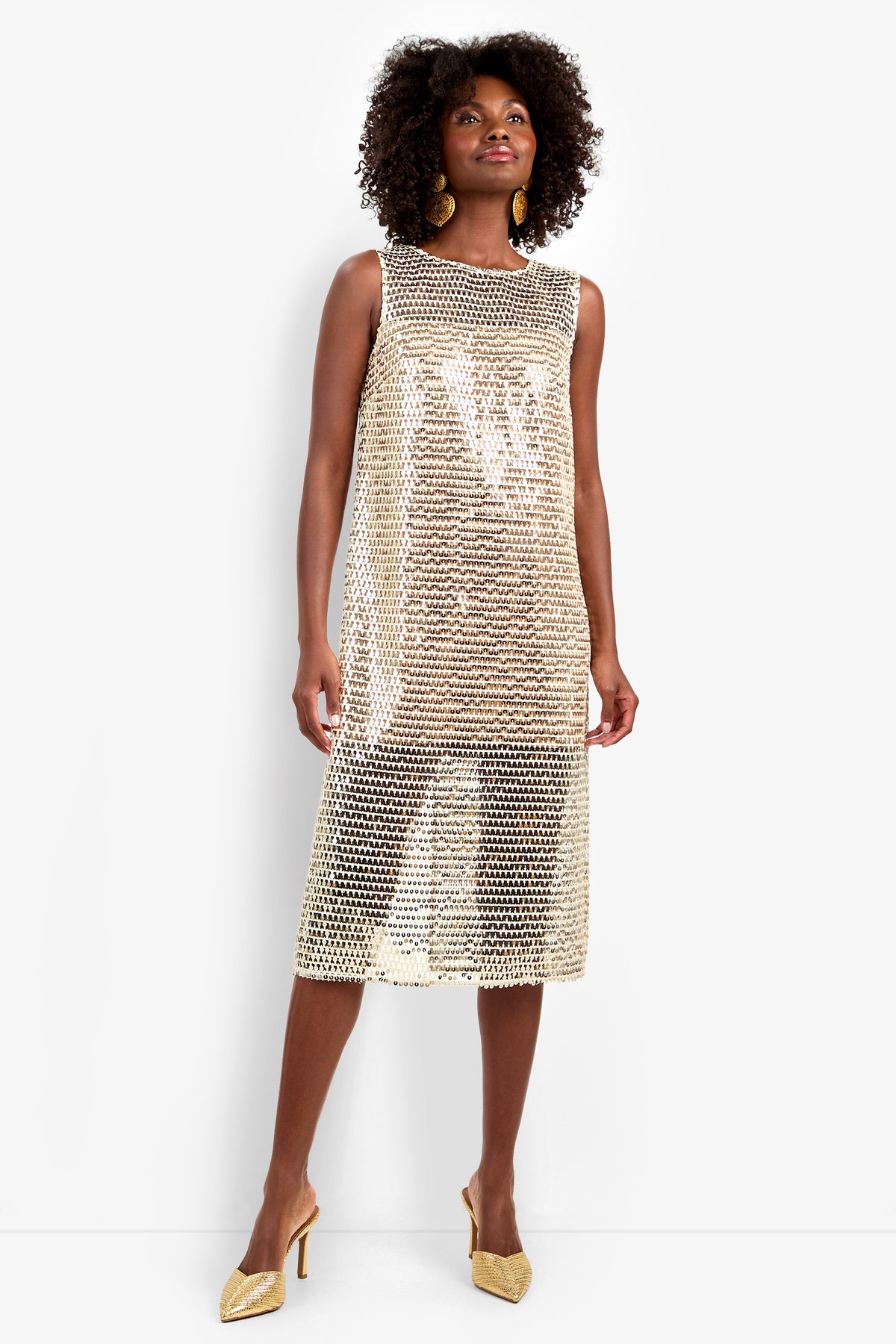 A woman stands against a white background wearing the Eleanor Dress, a sleeveless, knee-length gold sequin dress with a sheer overlay, styled with gold heels and statement earrings.