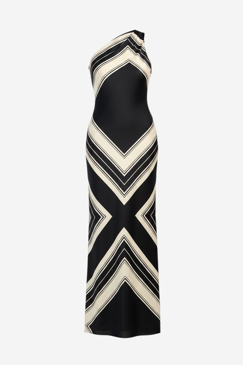 Chianti Dress: Black and white one-shoulder dress featuring bold geometric patterns with chevron and X designs, displayed on a plain white background.