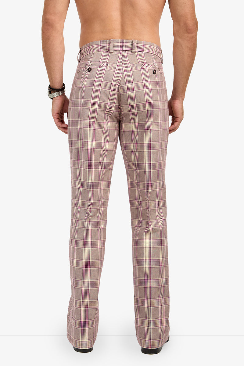 A shirtless man is shown from the back wearing ALEJANDRO BOOTLEG TROUSER—high-waisted, pink plaid flared pants featuring belt loops, buttoned rear pockets, and a vintage-inspired pattern.