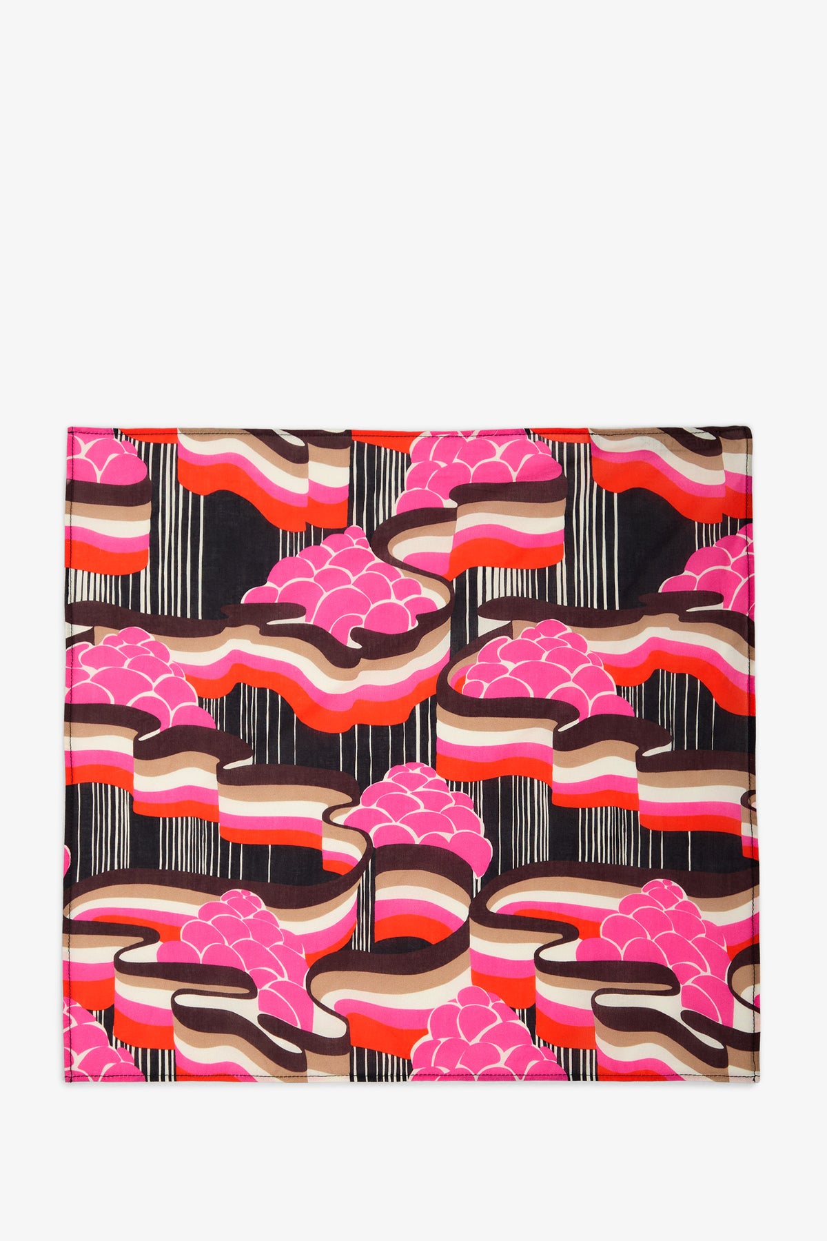 Pocket Square featuring a bold, abstract print in pink, red, orange, black, and cream, with layered cloud-like shapes and vertical stripe accents on a rectangular fabric.