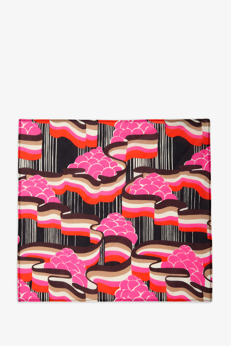 Pocket Square featuring a bold, abstract print in pink, red, orange, black, and cream, with layered cloud-like shapes and vertical stripe accents on a rectangular fabric.