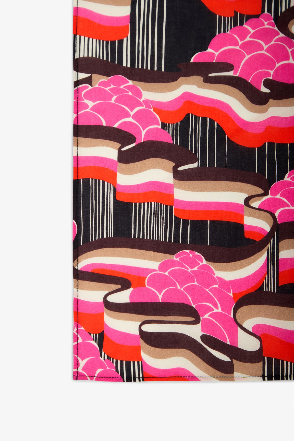 A close-up of the Pocket Square showcasing a bold, abstract pattern in pink, red, brown, black, and white, with curved stripes and cloud-like shapes set against a striped black background.