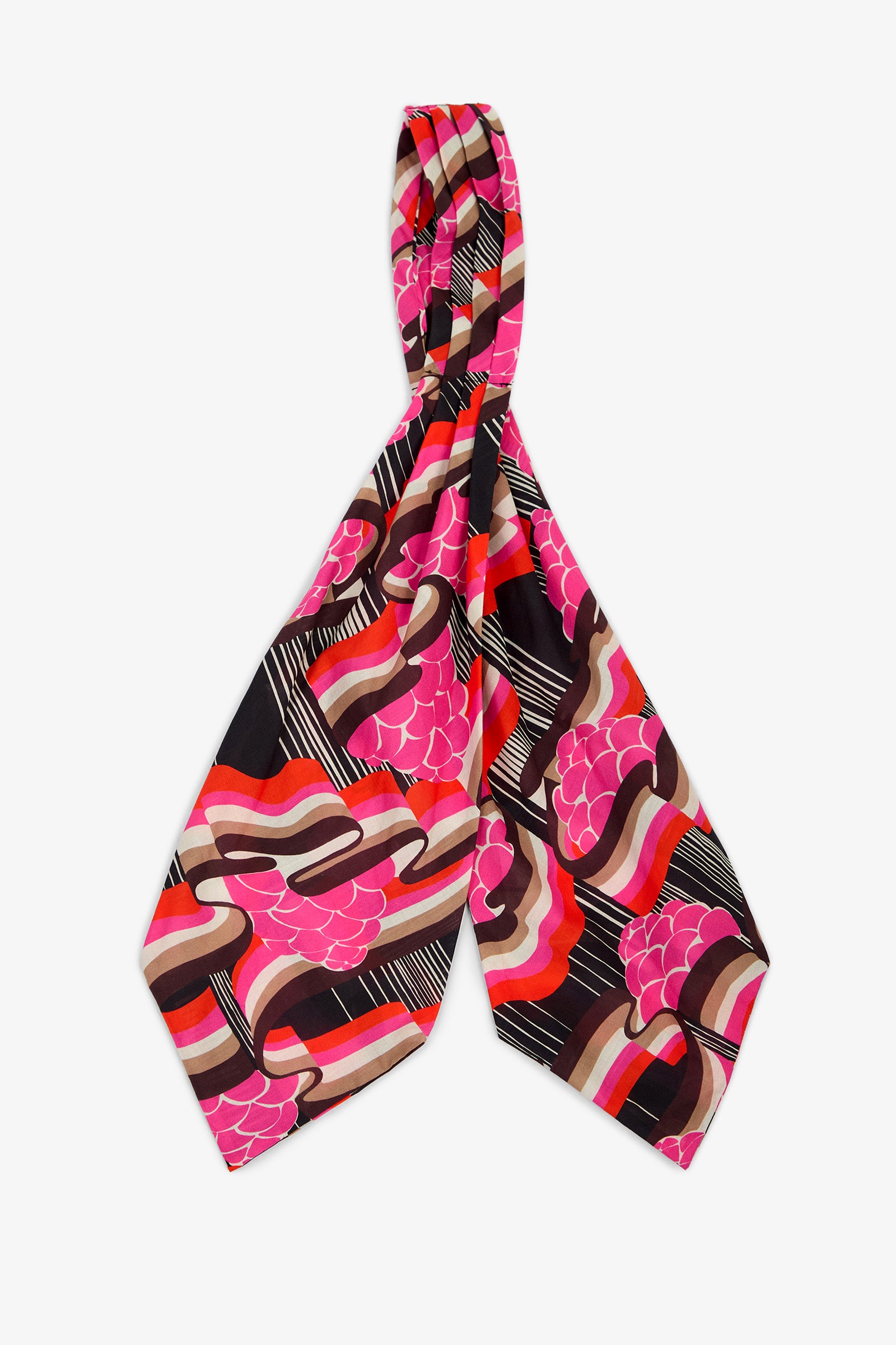 Introducing the Ascot: a colorful silk scarf featuring a vibrant abstract pattern in bold swirling shapes and lines, artfully arranged in shades of pink, orange, brown, black, and white.