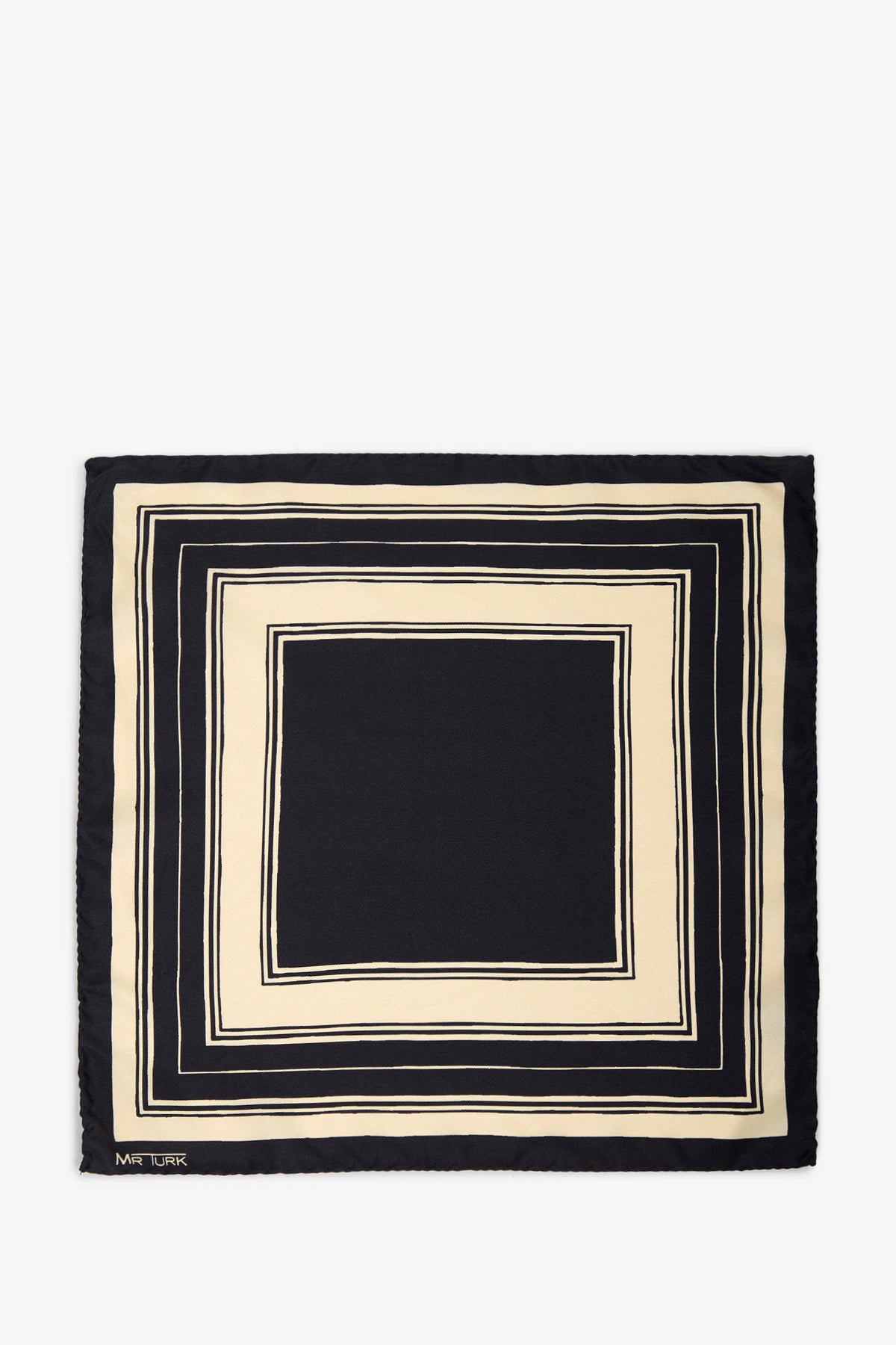 A minimalist and modern Pocket Square crafted from silk, featuring a black center and cream-colored geometric borders in concentric squares with alternating thin and thick lines.
