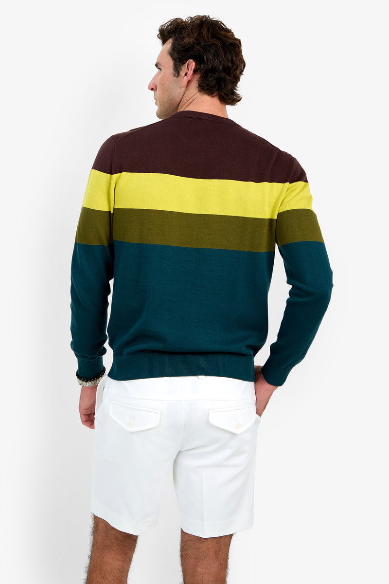 Man facing away, wearing the Roemer Crewneck—a long-sleeve sweater with horizontal brown, yellow, and green stripes—paired with white shorts. The background is plain white.