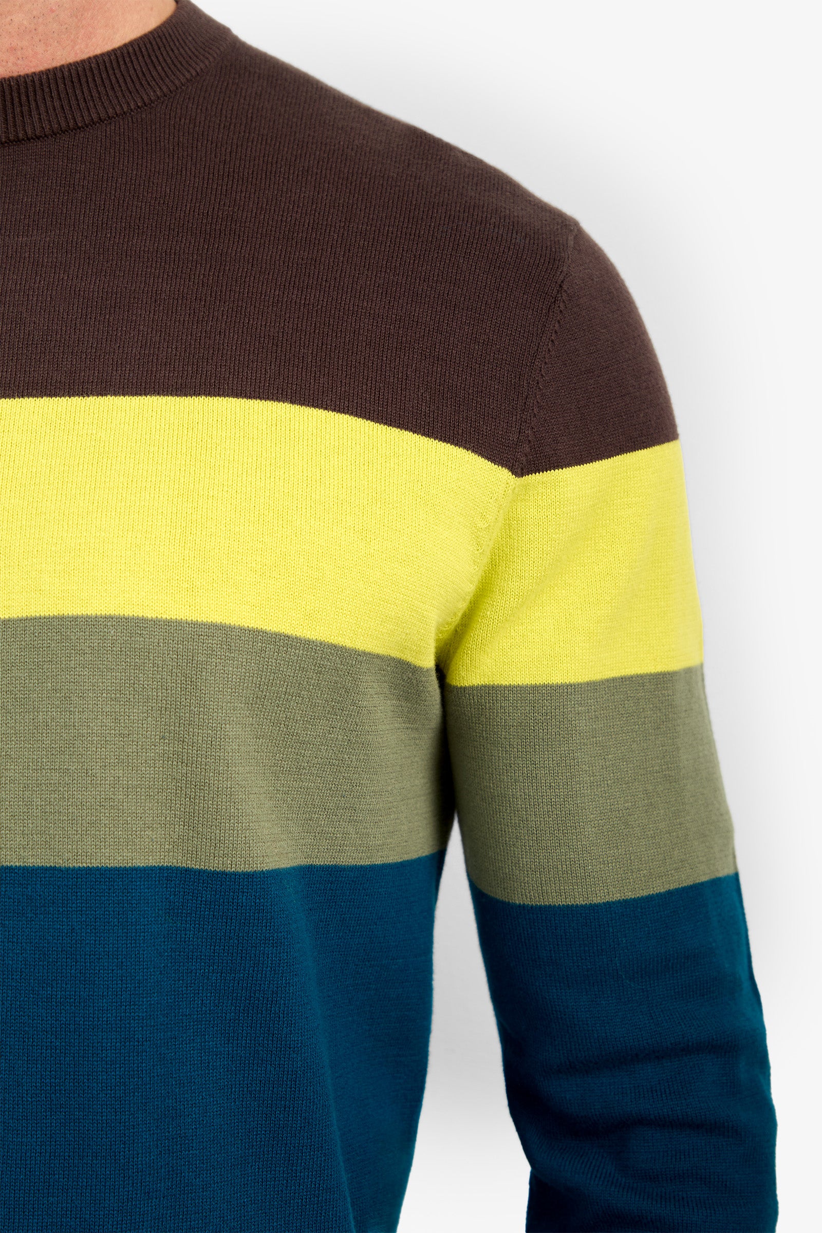 A person wearing the ROEMER sweater, a color-blocked design with horizontal stripes in brown, yellow, olive green, and blue. Made from 100% cotton for a soft and breathable feel. Only the upper torso and part of the left arm are visible against a plain white background.