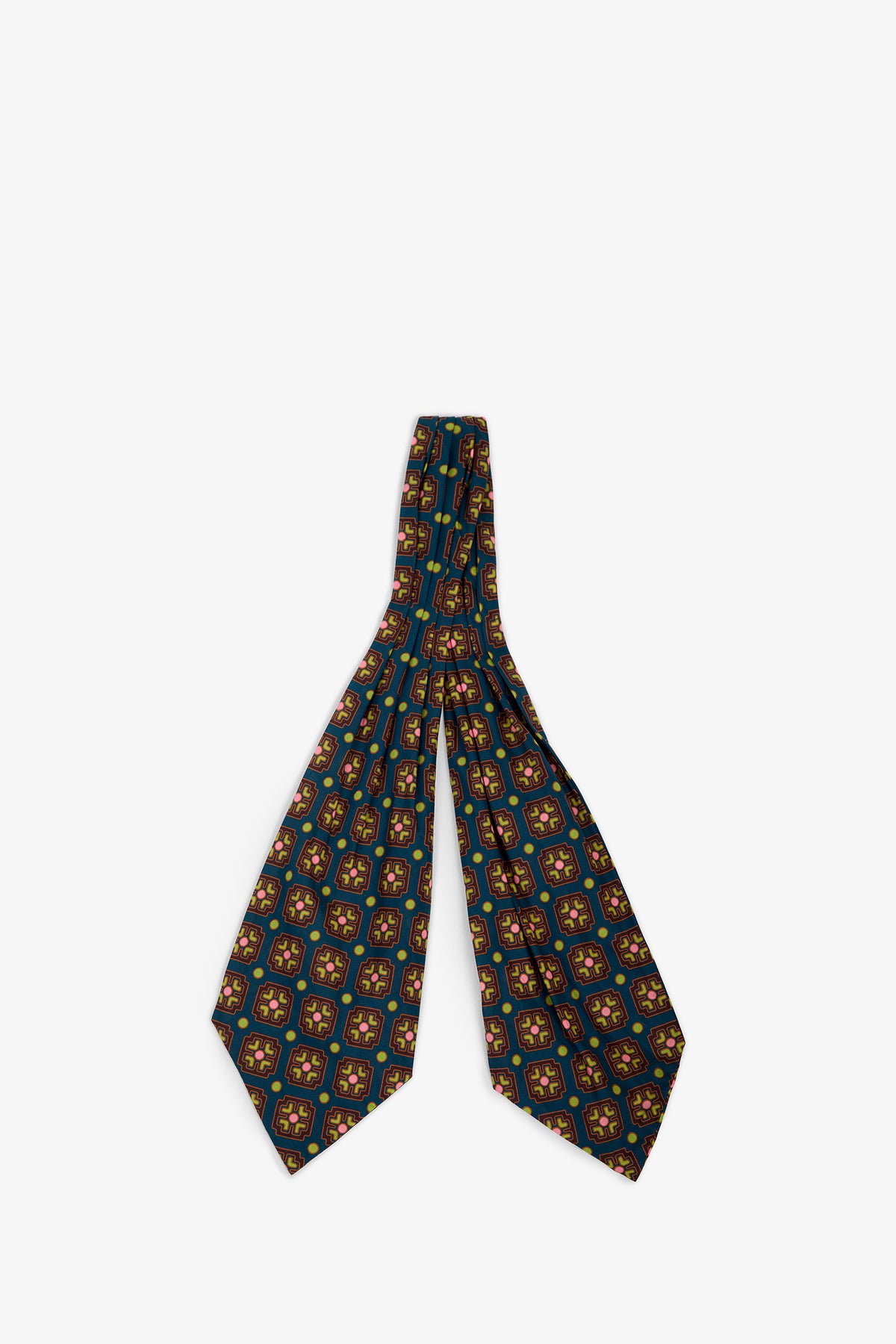 Ascot with a dark blue geometric pattern featuring pink and yellow squares and circles.