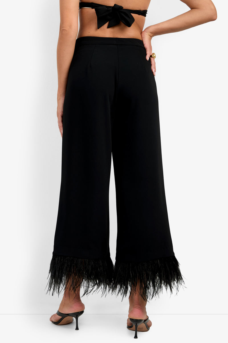 A woman is shown from the back against a plain white background wearing the Amarie Pant—black wide-leg pants featuring feather trim at the hem—paired with black heeled sandals and a tied-back black top.