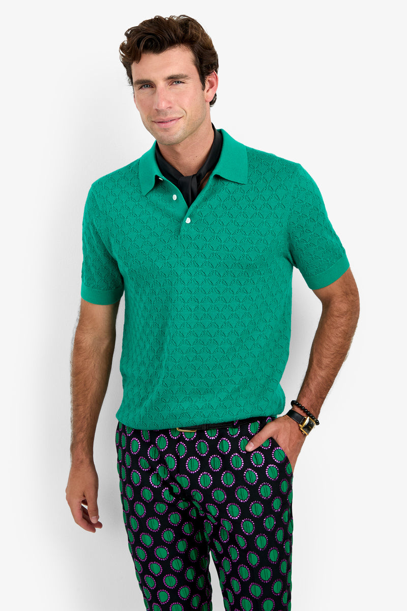 A man wearing the WAYLEN POLO in green and patterned dark pants stands against a plain white background, smiling slightly.