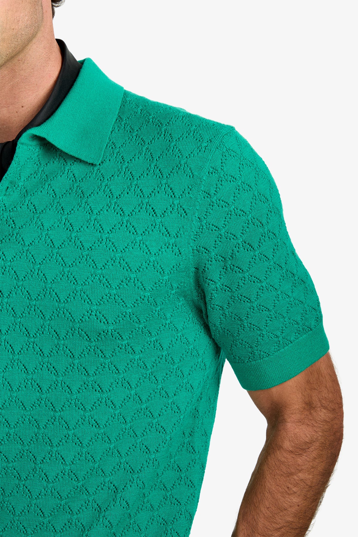 A man wearing the WAYLEN POLO, a green short-sleeve knit shirt featuring a subtle diamond pattern, is shown from the shoulders to mid-arm against a white background.