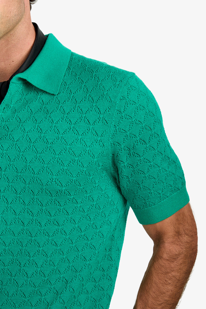 A man wearing the WAYLEN POLO, a green short-sleeve knit shirt featuring a subtle diamond pattern, is shown from the shoulders to mid-arm against a white background.