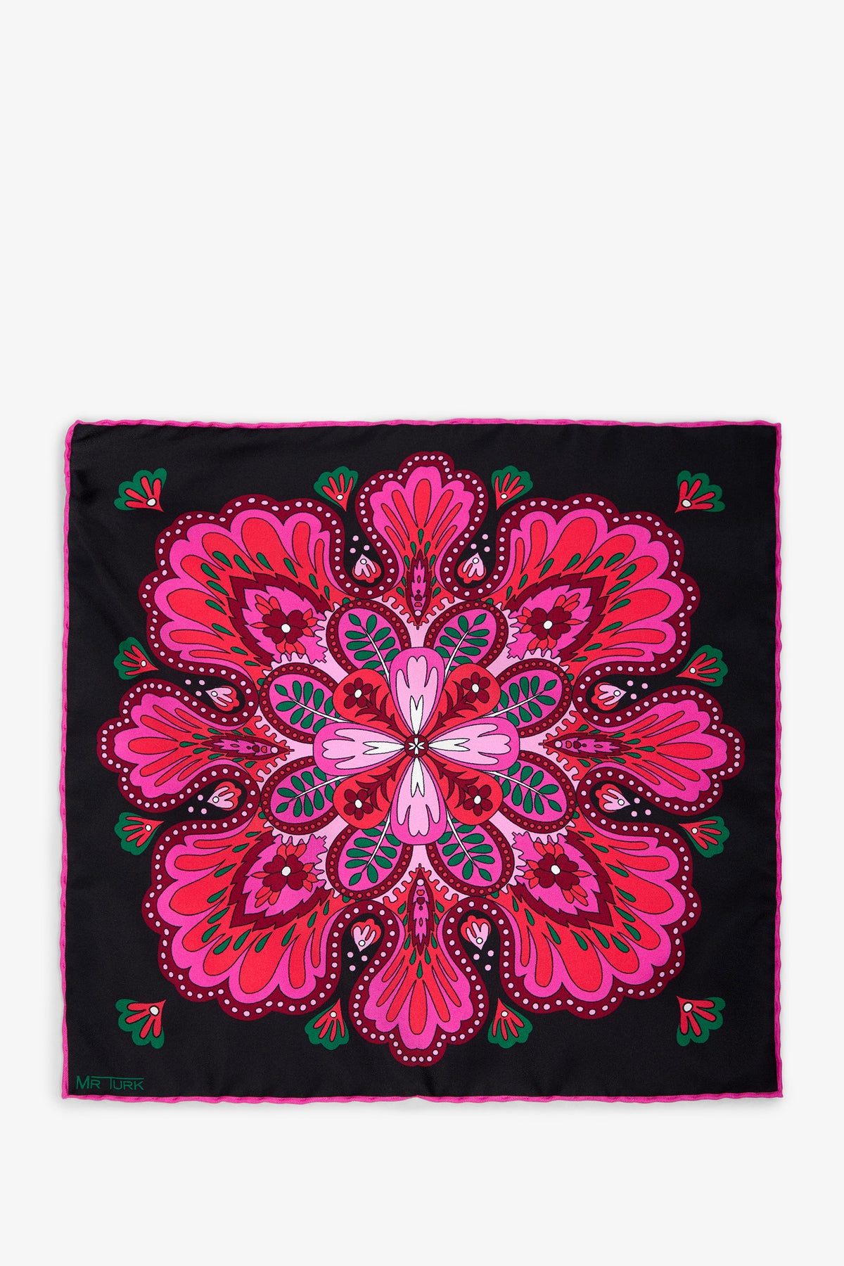 The Sautoir Silk Pocket Square in MULTI features a vibrant pink, magenta, and red symmetrical floral pattern on a black background, highlighted with touches of green and white. Its intricate design creates a kaleidoscopic effect.