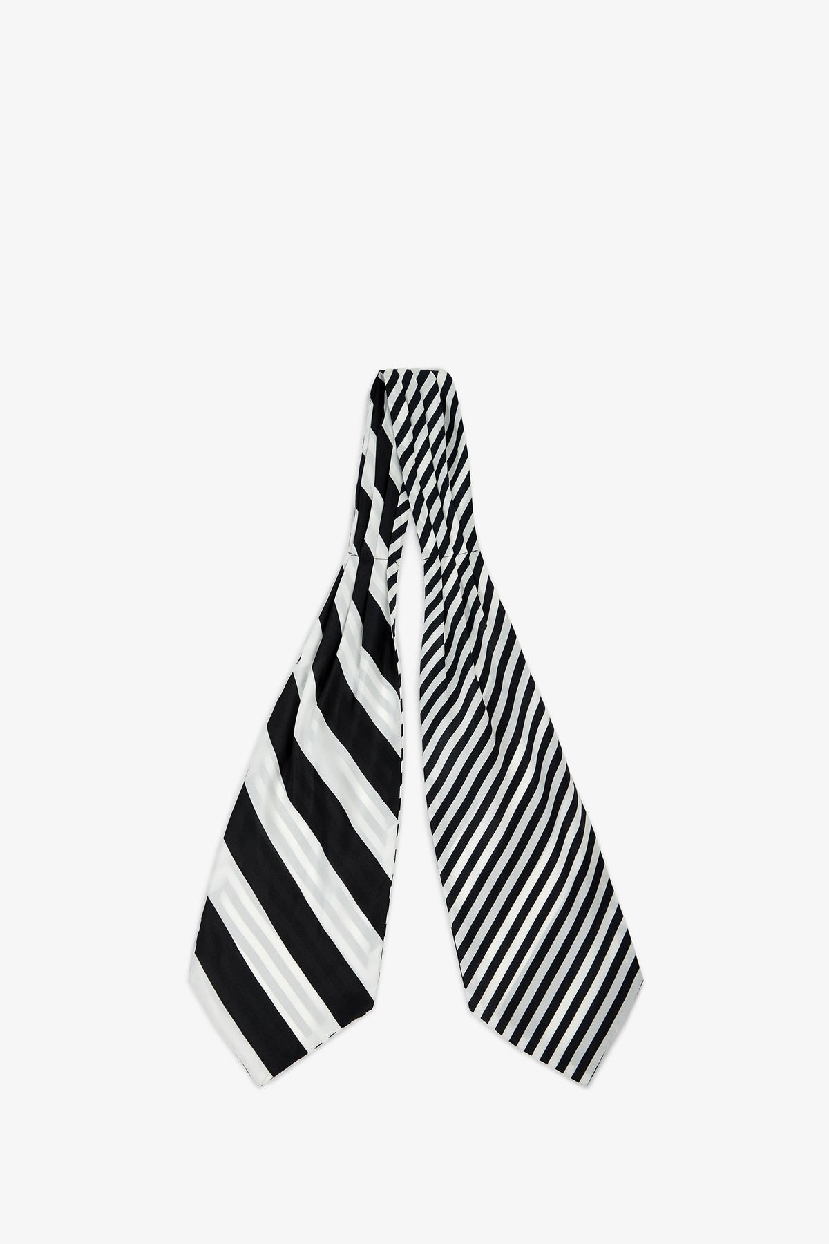 Savoir Stripe Silk Ascot featuring wide black and white diagonal stripes on one side and thinner black and white stripes on the other.