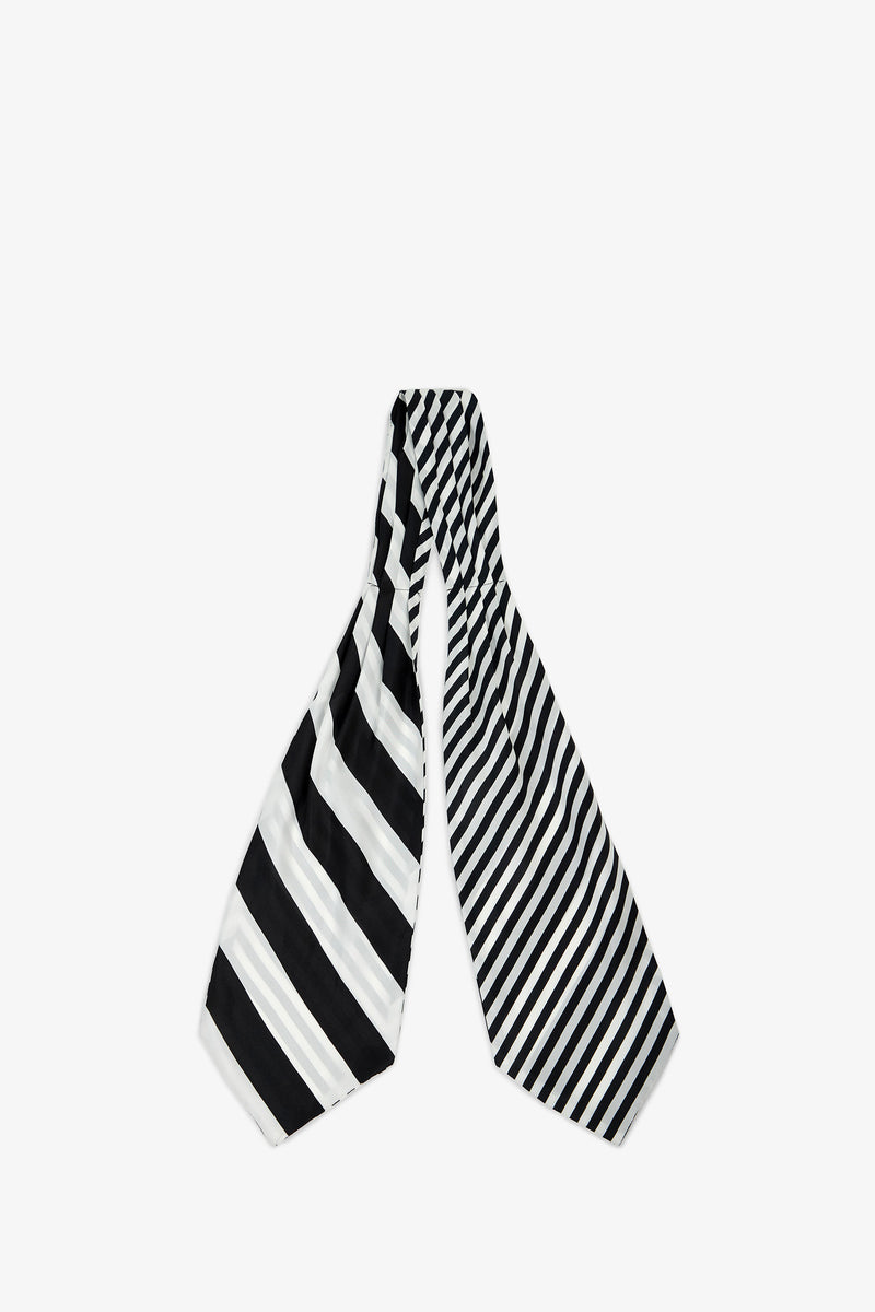 Savoir Stripe Silk Ascot featuring wide black and white diagonal stripes on one side and thinner black and white stripes on the other.