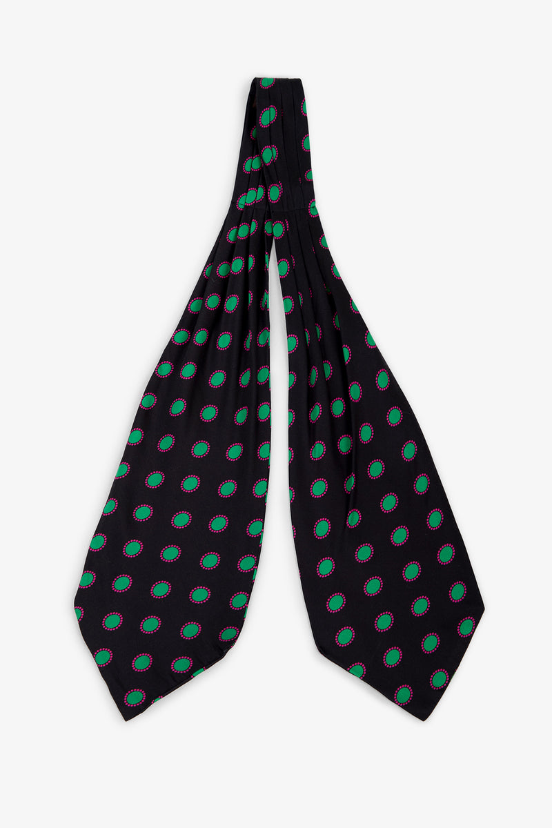 Gemstone Satin Ascot in MULTI color, featuring a pattern of green and red polka dots arranged in rows, displayed on a white background.