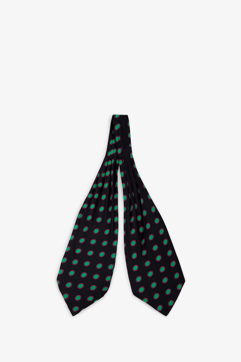 Gemstone Satin Ascot in black featuring a repeating pattern of green dots outlined in pink.