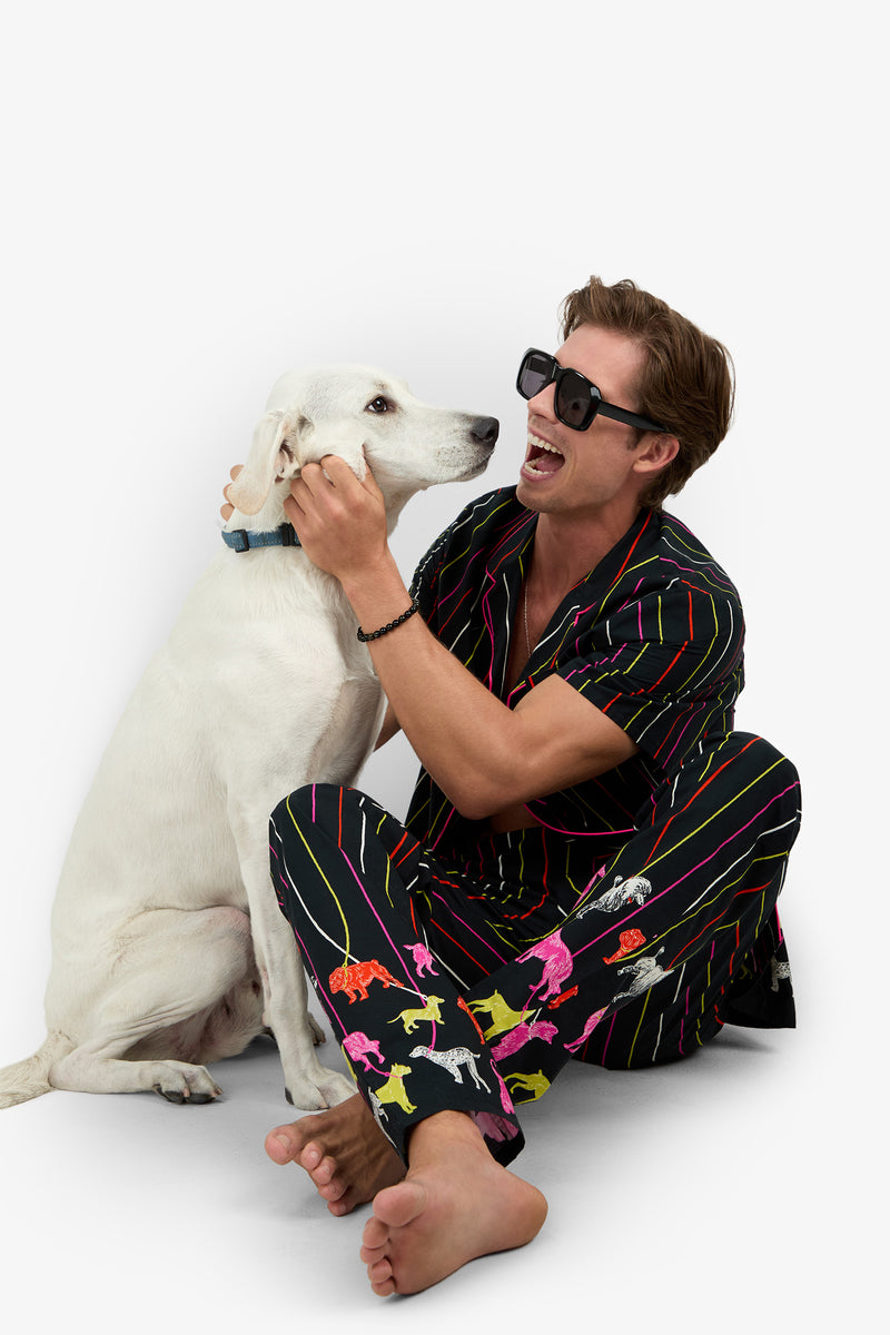 A man wearing a black short-sleeved PJ TOP with colorful stripes and animal prints pets a white dog while wearing sunglasses.
