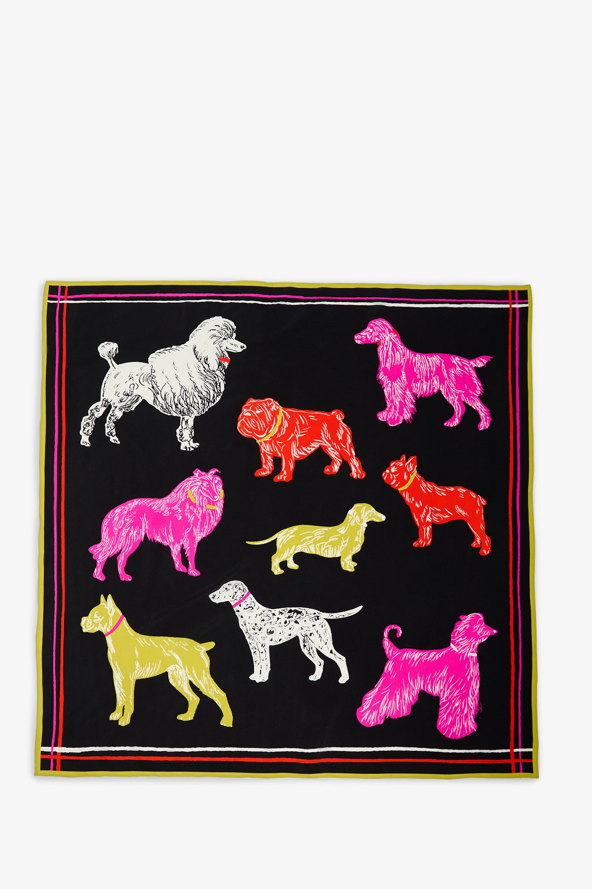 POOCH SCARF: A square, black, 100% silk scarf with a border of thin yellow and red lines, featuring a repeating print of various dog breeds in bright pink, red, yellow, and white.