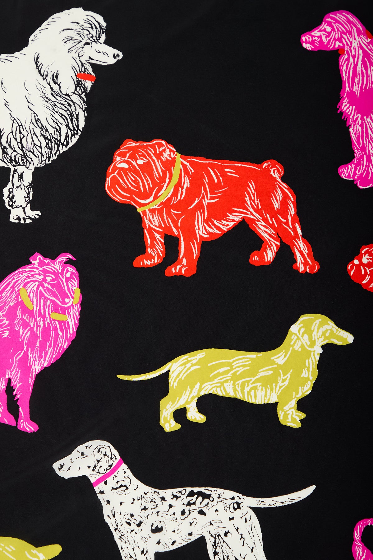 POOCH SCARF in black pure silk patterned with colorful, stylized illustrations of various dog breeds including a poodle, bulldog, collie, dachshund, and dalmatian.