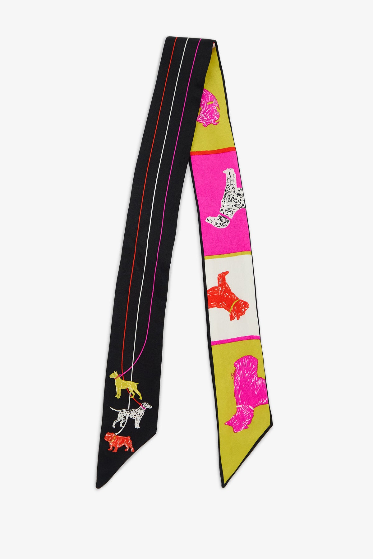 The POOCH TWILLIE SCARF is a long, narrow 100% silk scarf with one black side featuring three dogs on leashes and the other side featuring a series of pink, white, and yellow rectangular panels, each containing a dog illustration.