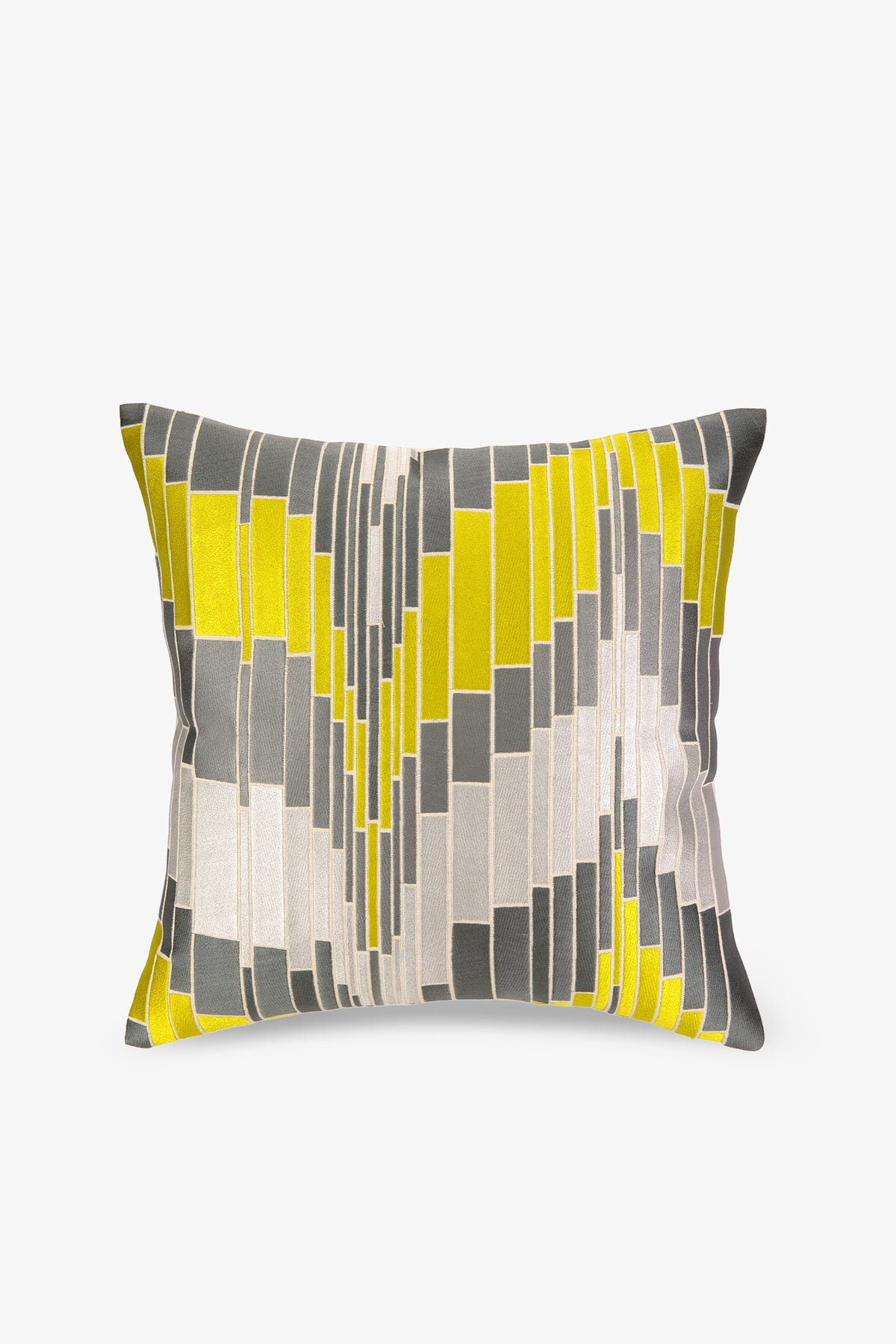 The Loomis Embroidered Square Pillow features a modern geometric pattern in gray, yellow, and white with overlapping rectangles for an abstract touch.