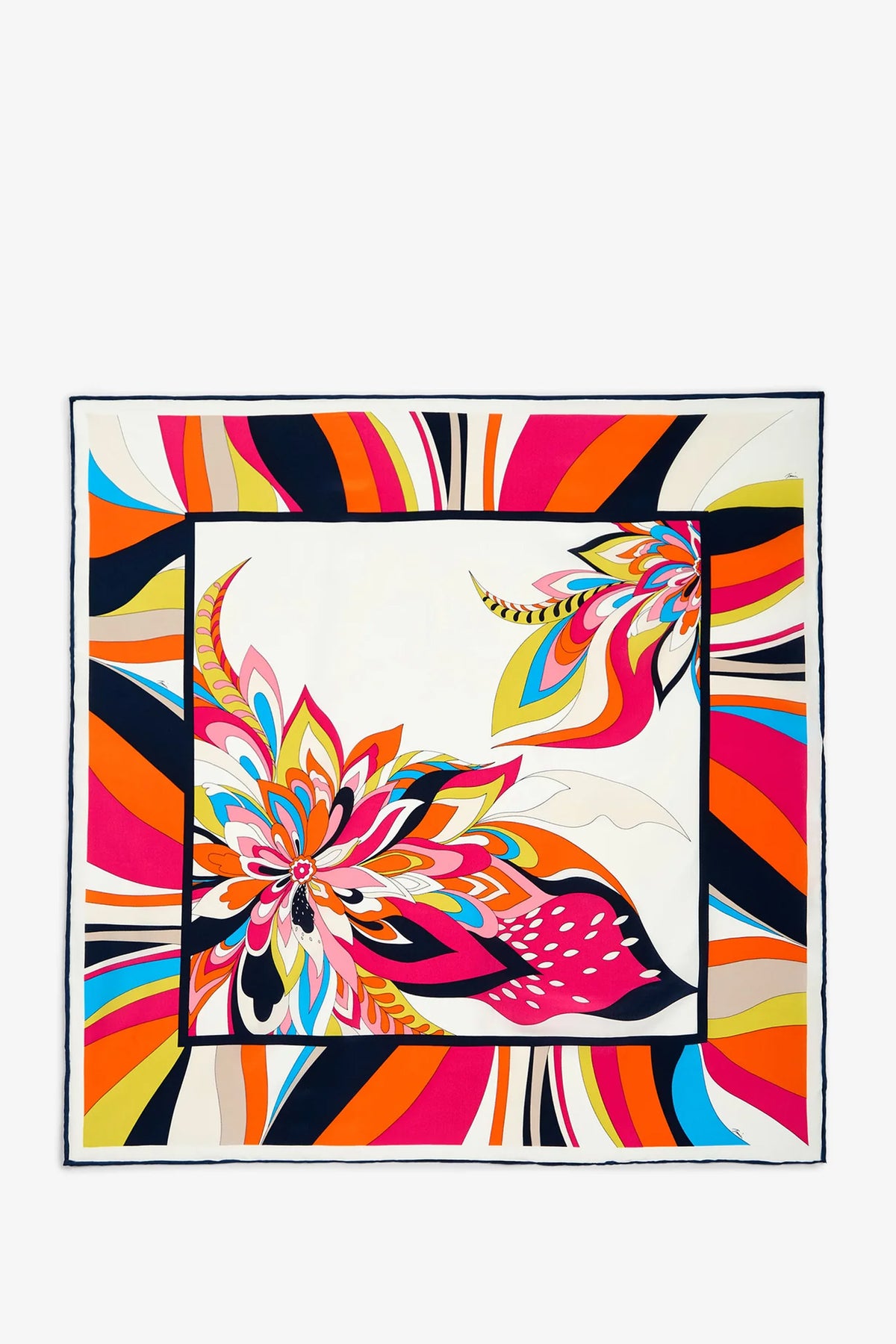 The Swirl Floral Scarf is a square silk accessory featuring bold, colorful floral and abstract patterns in shades of red, orange, pink, yellow, blue, black, and cream. It showcases a large central flower design with a coordinating border.