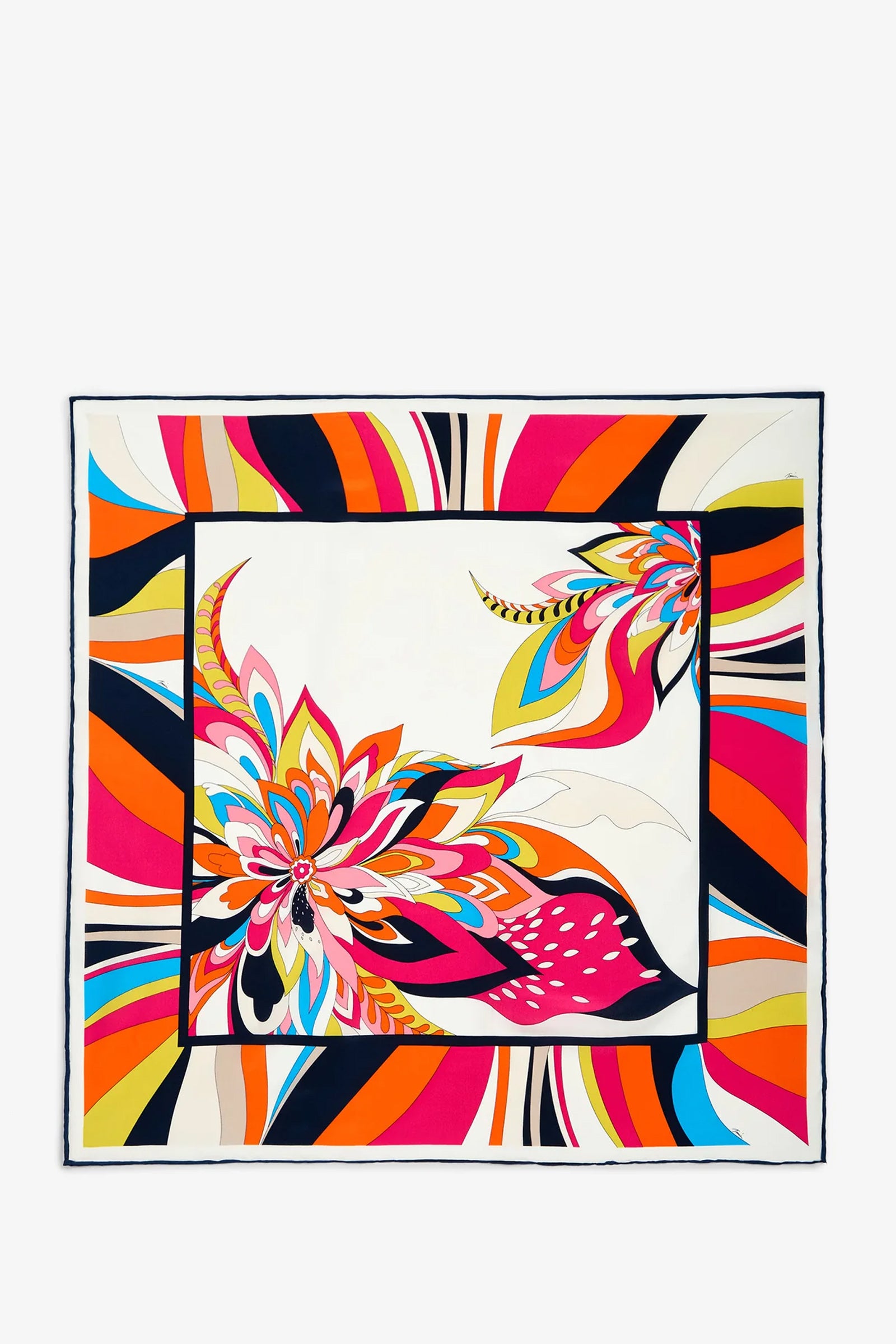 The Swirl Floral Scarf is a square silk accessory featuring bold, colorful floral and abstract patterns in shades of red, orange, pink, yellow, blue, black, and cream. It showcases a large central flower design with a coordinating border.