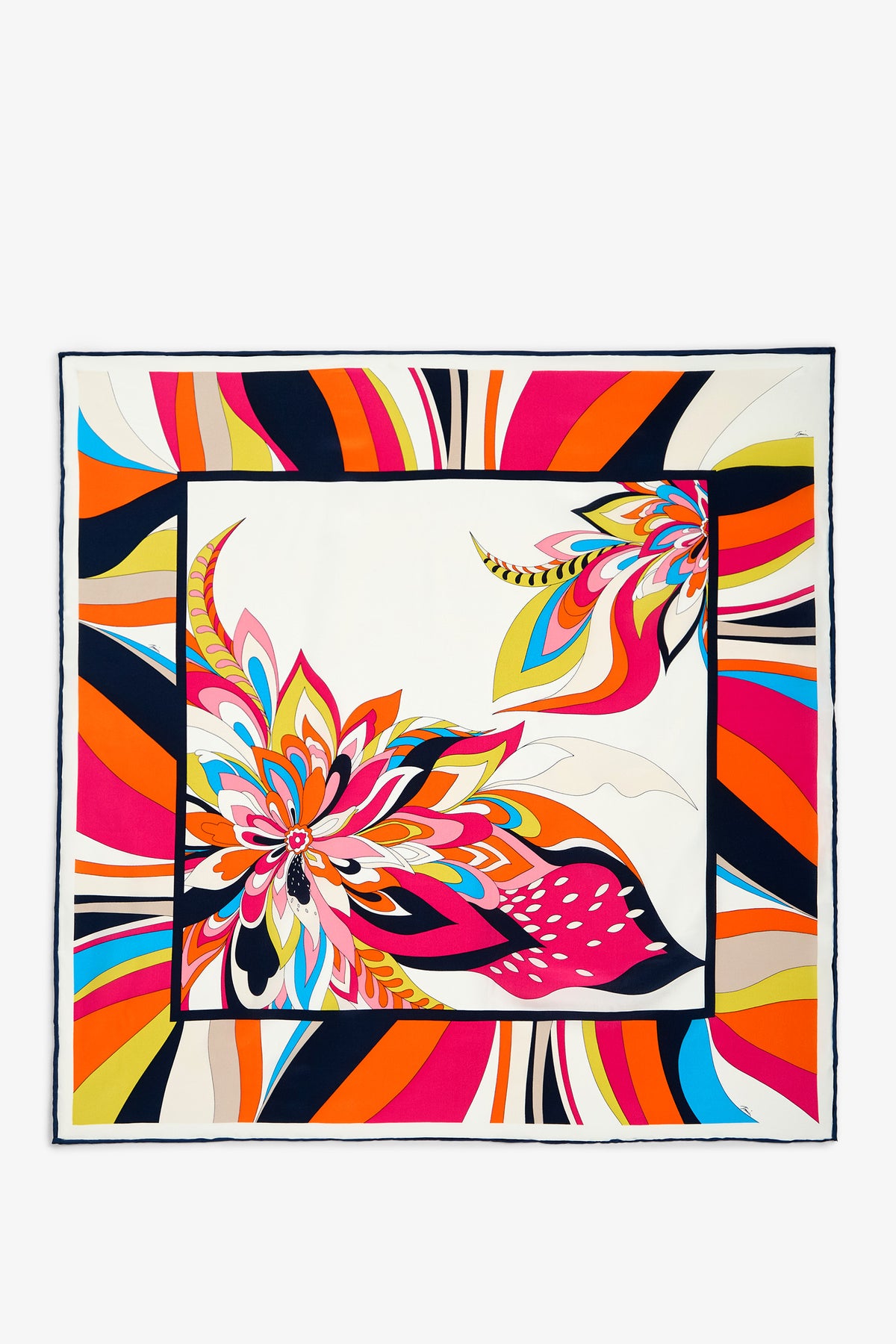 The Swirl Floral Scarf is a square silk accessory featuring bold, colorful abstract floral designs in shades of pink, orange, yellow, blue, and black on a white background, finished with a vibrant wavy striped border.