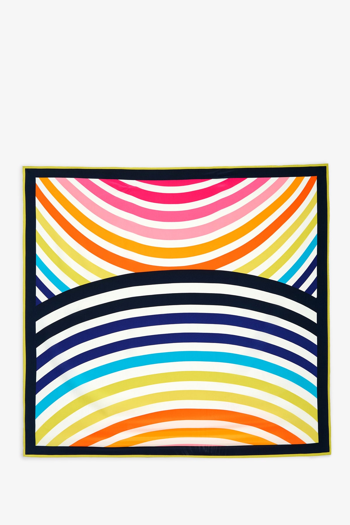 The Circle Scarf is a rectangular textile featuring curved stripes in vibrant colors—pink, orange, yellow, blue, and black—arranged in symmetrical, rainbow-like arcs with a black border.